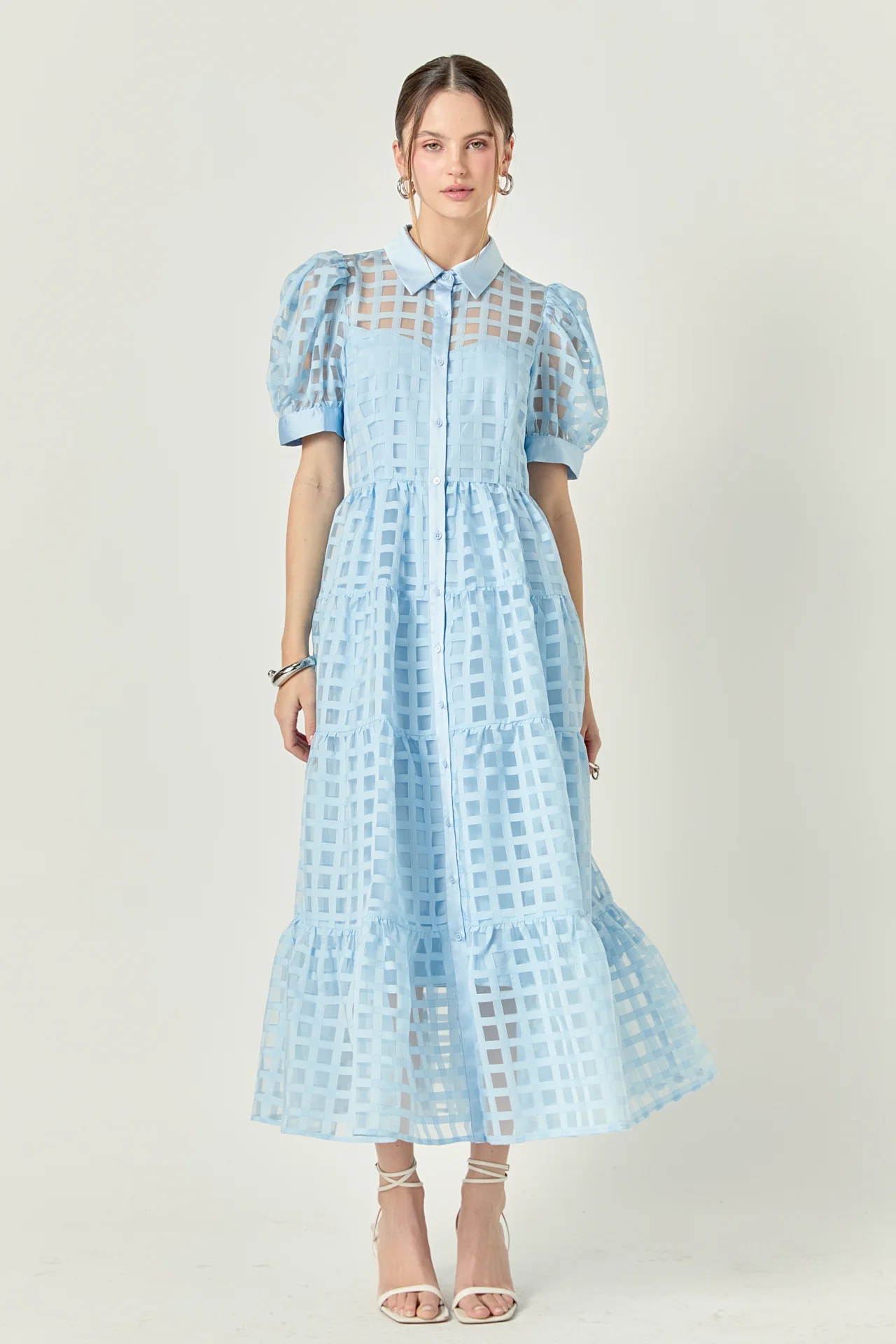 Gridded Organza Tiered Maxi Dress - Image 73
