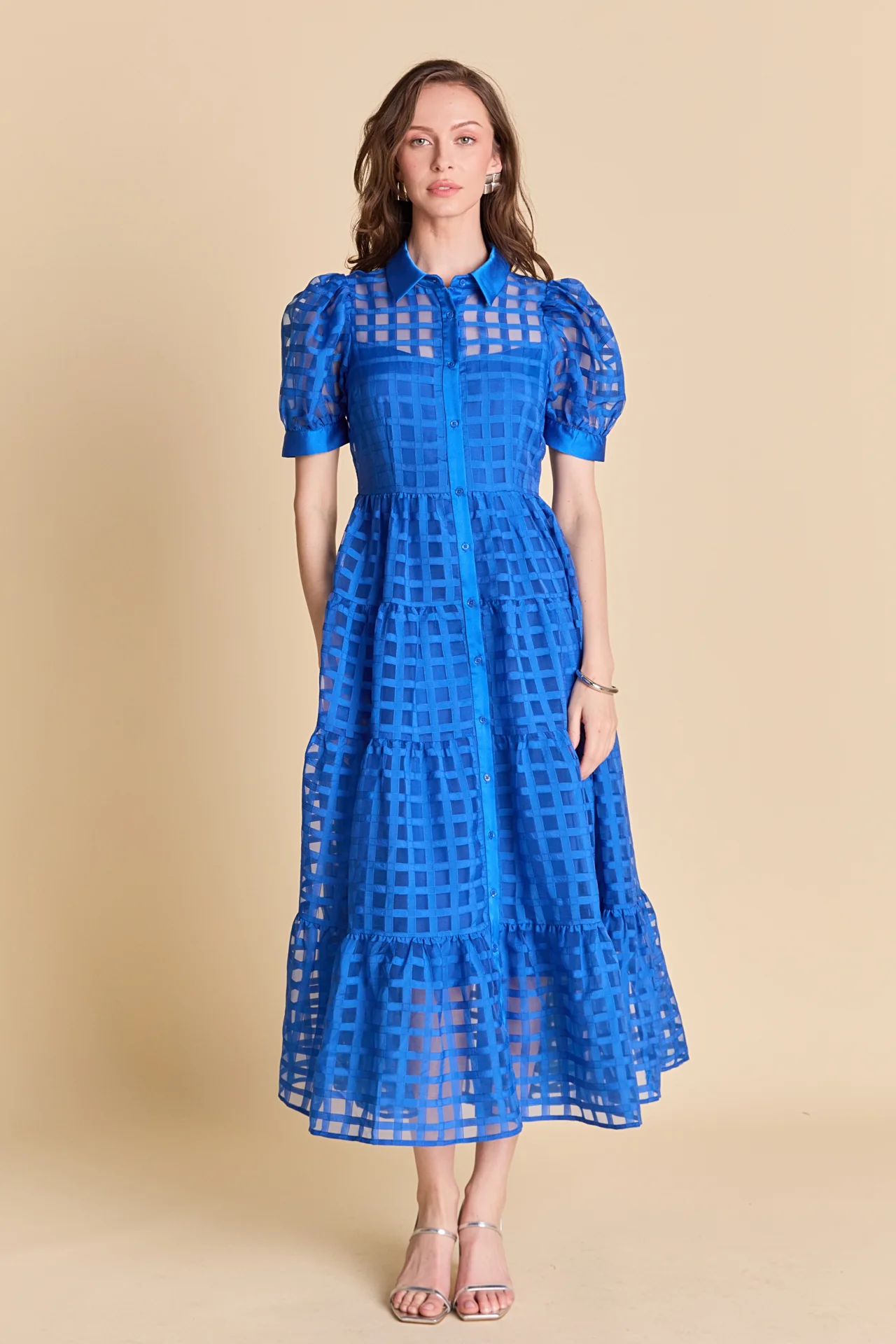 Gridded Organza Tiered Maxi Dress - Image 8