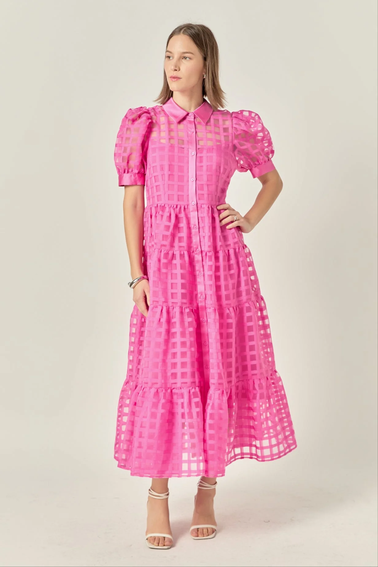 Gridded Organza Tiered Maxi Dress - Image 87