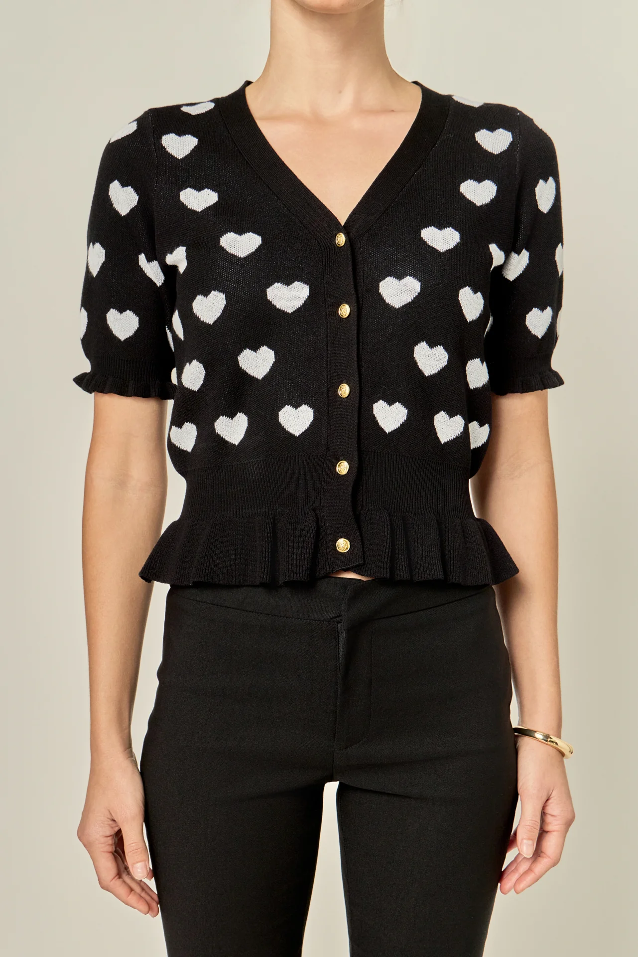 Heart Print Puff Sleeve Cardigan - Image 2