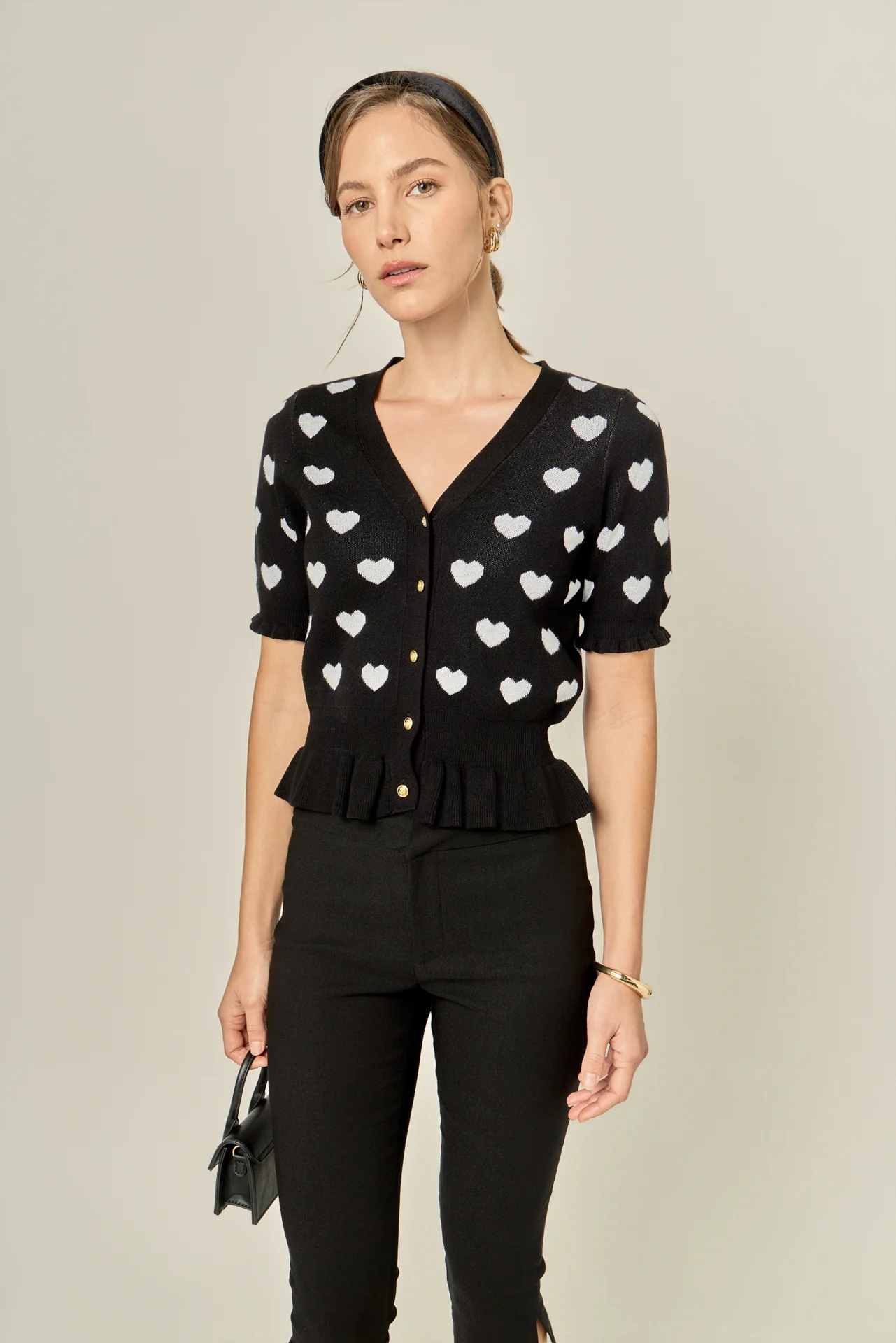 Heart Print Puff Sleeve Cardigan - Image 6