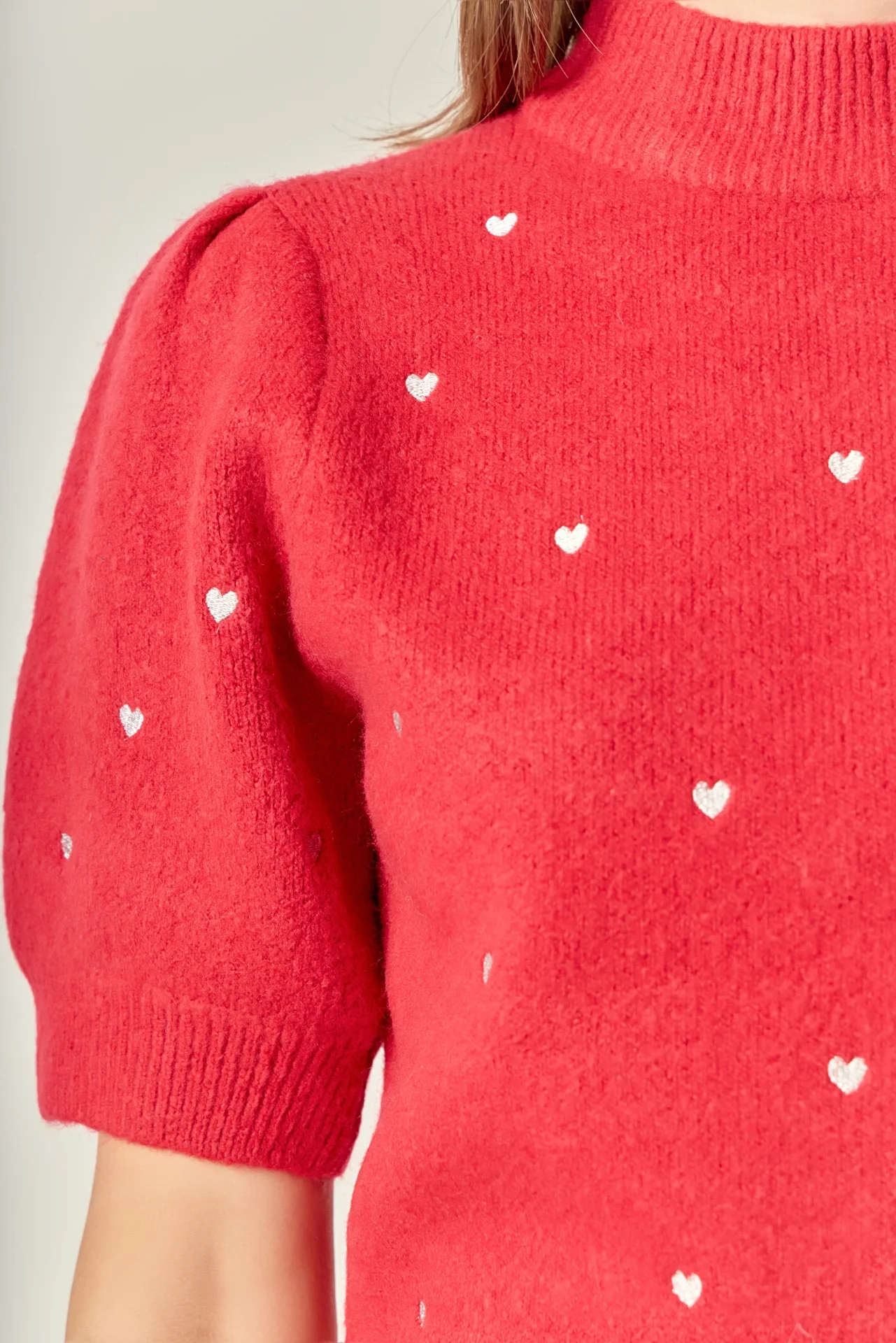 Heart-Embroidered Puff Sleeve Knit - Image 2