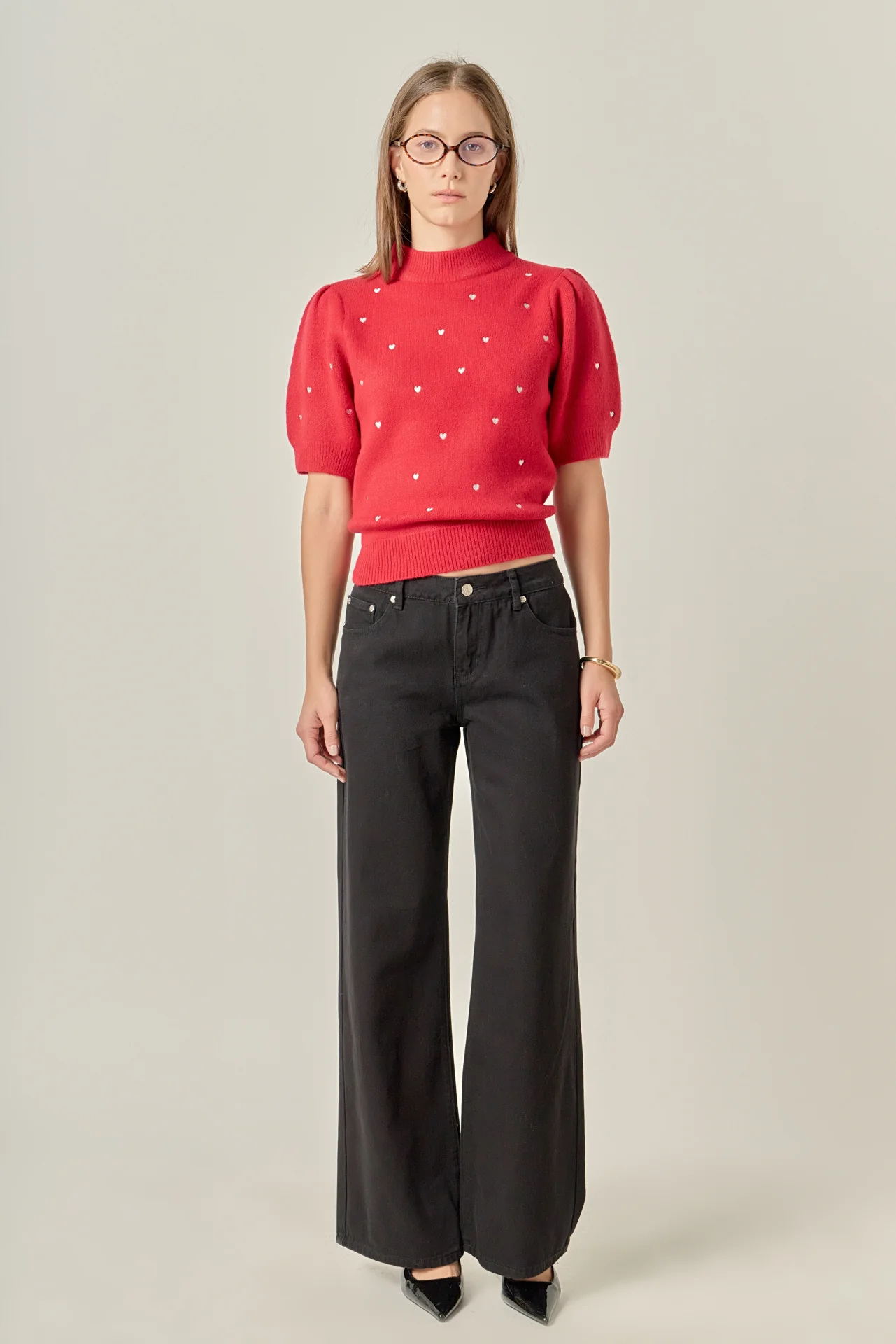 Heart-Embroidered Puff Sleeve Knit - Image 3