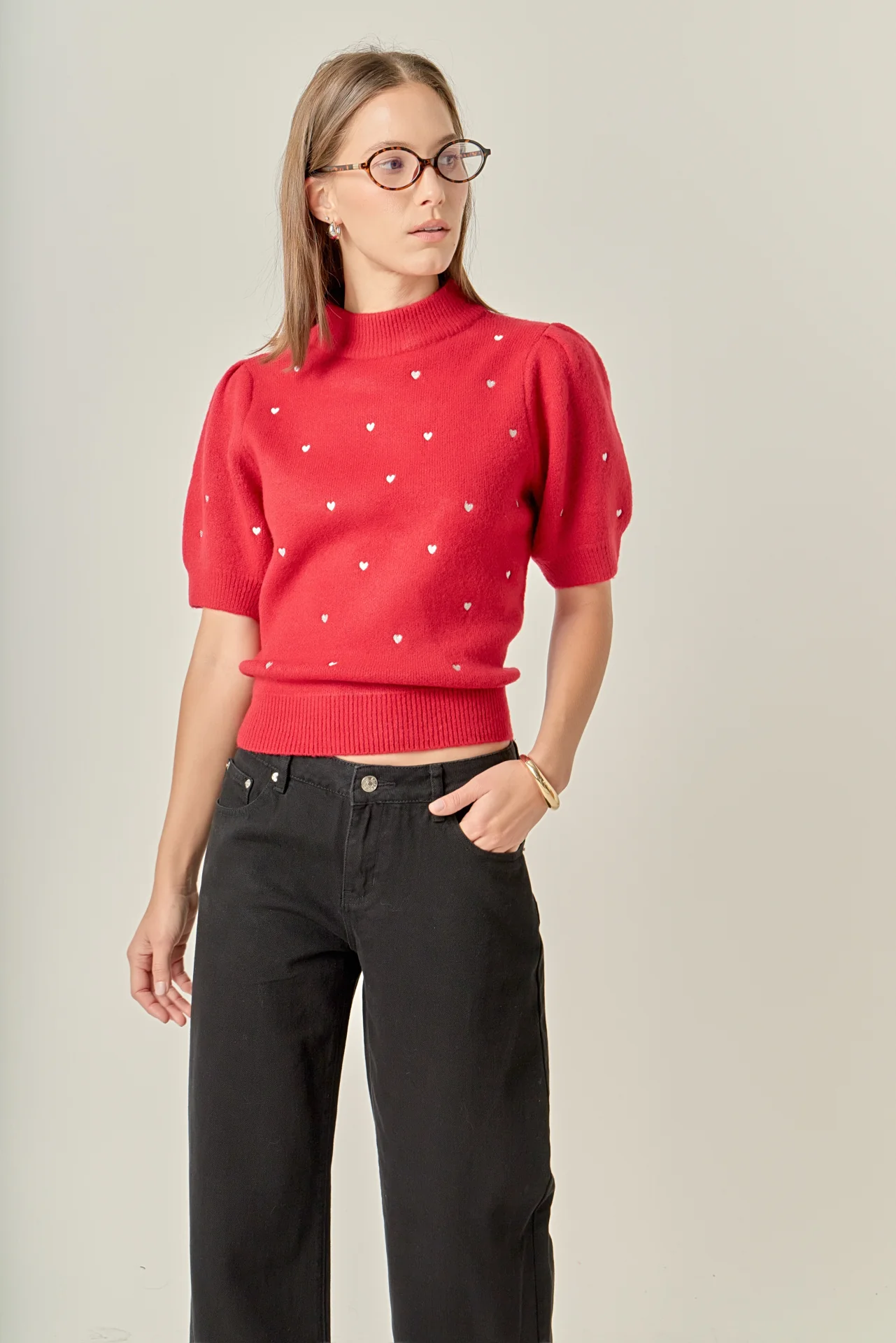 Heart-Embroidered Puff Sleeve Knit - Image 5