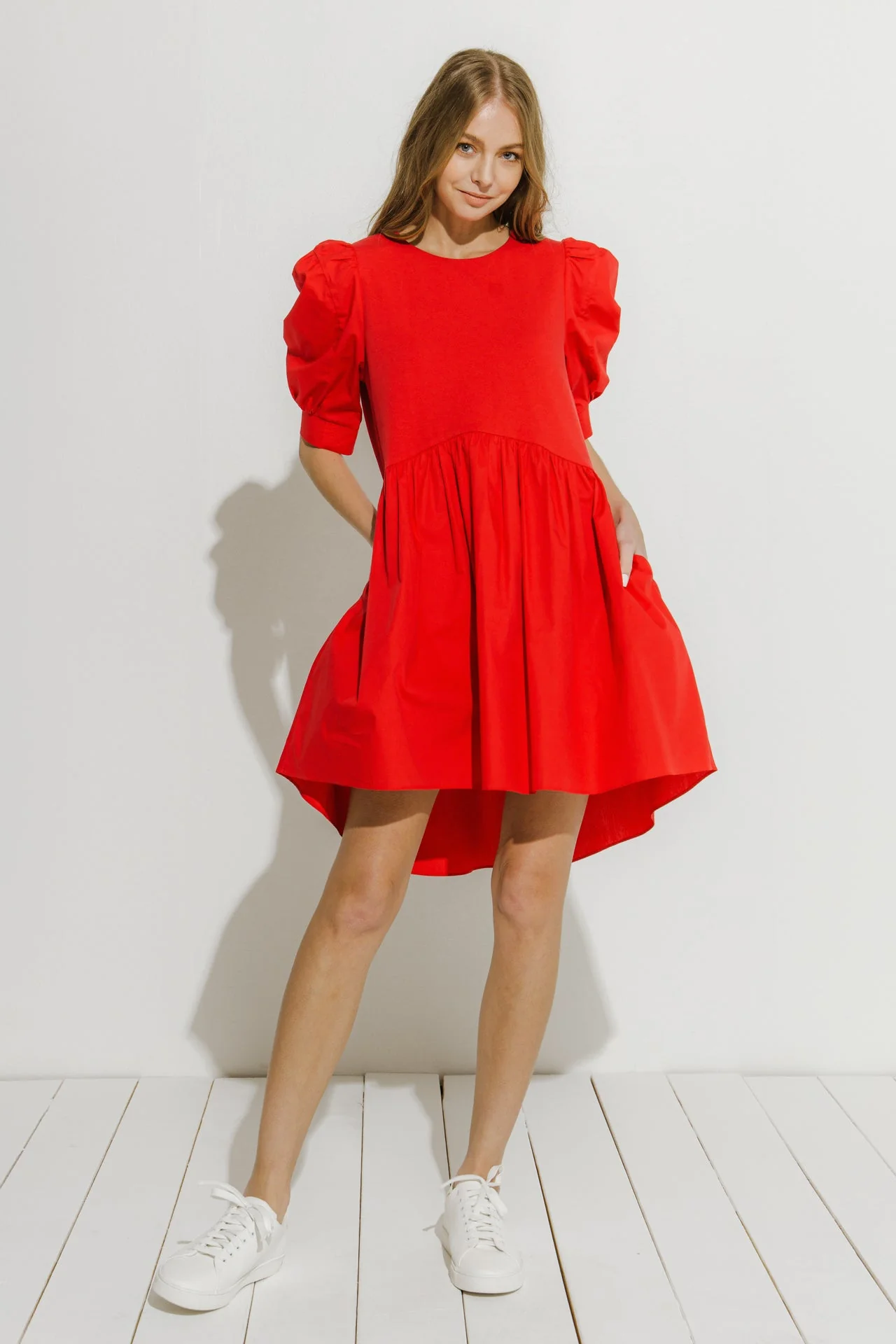 Puff Sleeve High Low Knit Combo Dress - Image 11