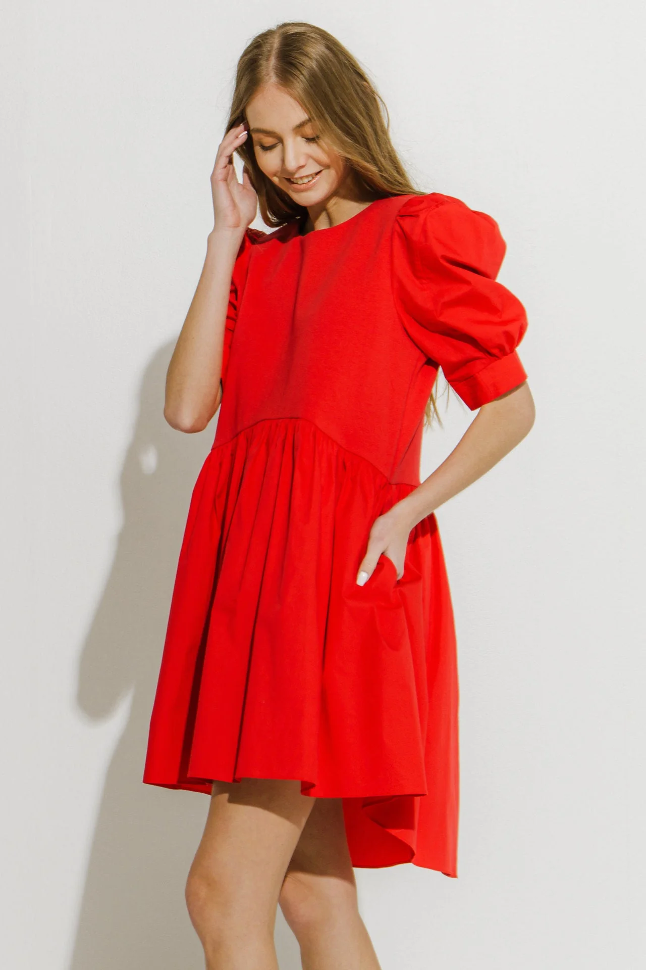 Puff Sleeve High Low Knit Combo Dress - Image 15