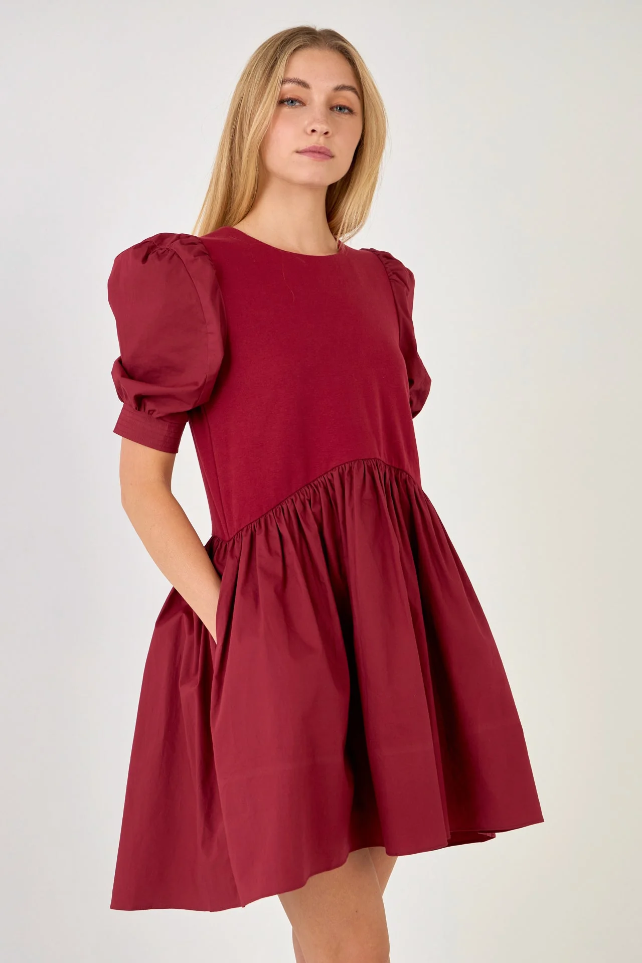 Puff Sleeve High Low Knit Combo Dress - Image 23