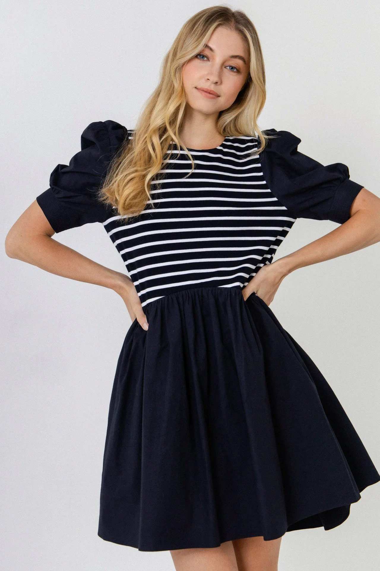 Puff Sleeve High Low Knit Combo Dress - Image 29