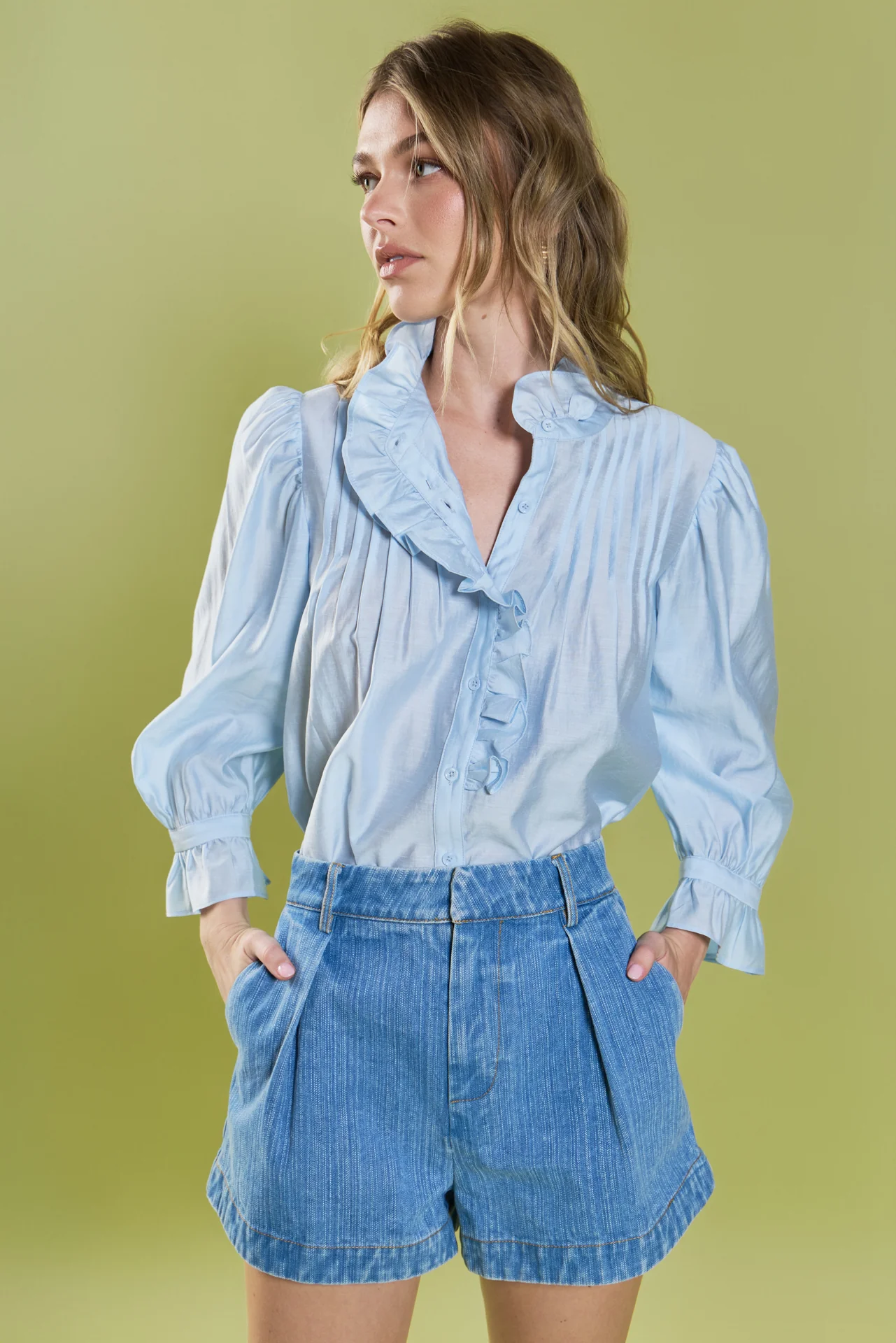 High Rise Pleated Denim Shorts - Image 5