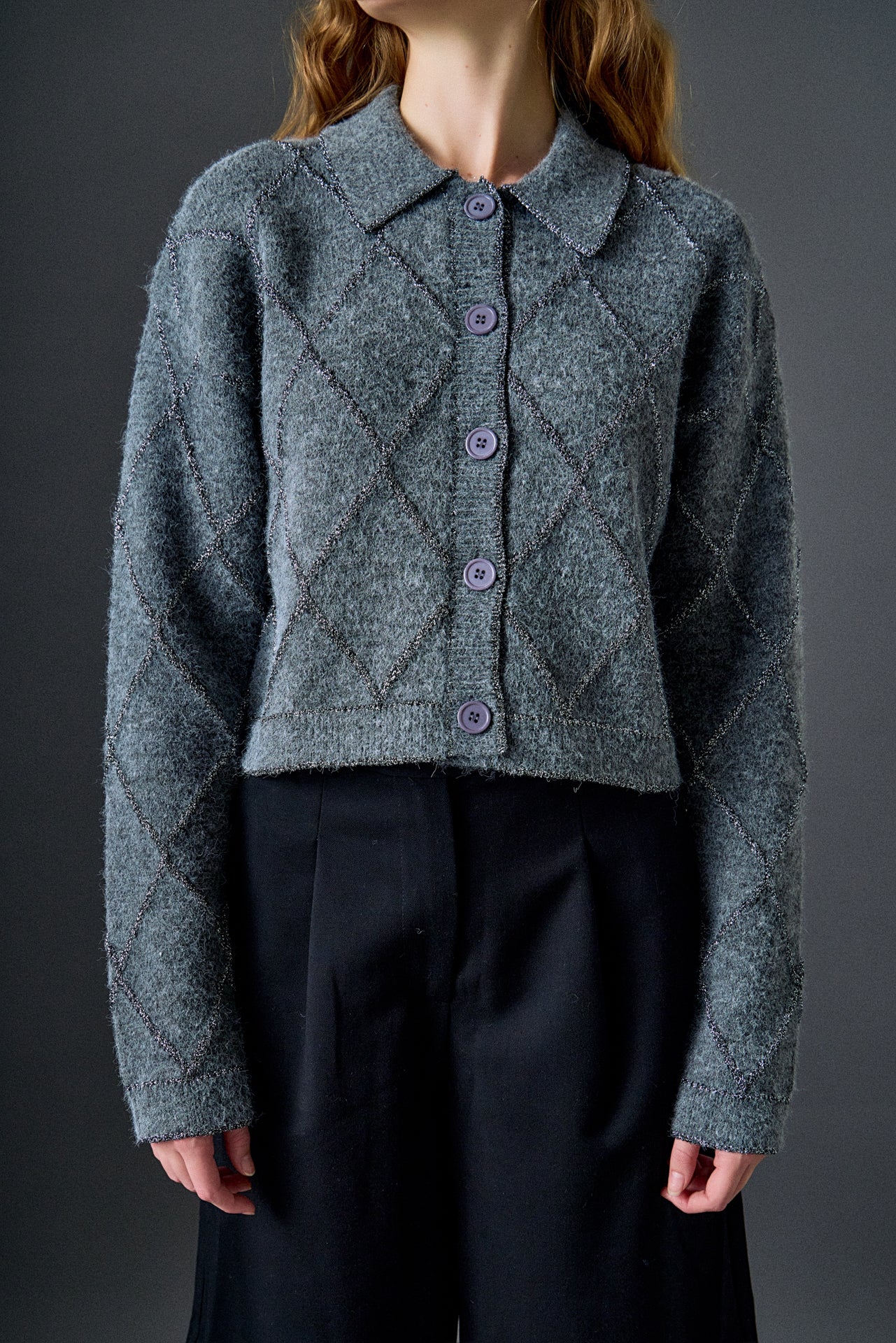 Lurex Argyle Knit Cardigan - Image 2