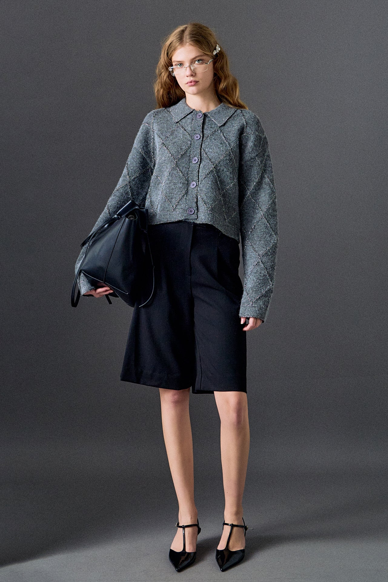 Lurex Argyle Knit Cardigan - Image 4