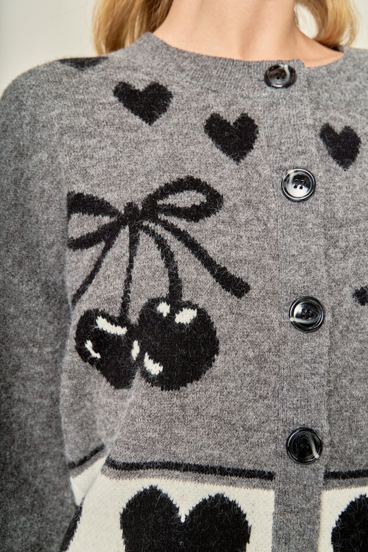 Knit Cardigan with Cherry Heart Pattern - Image 3