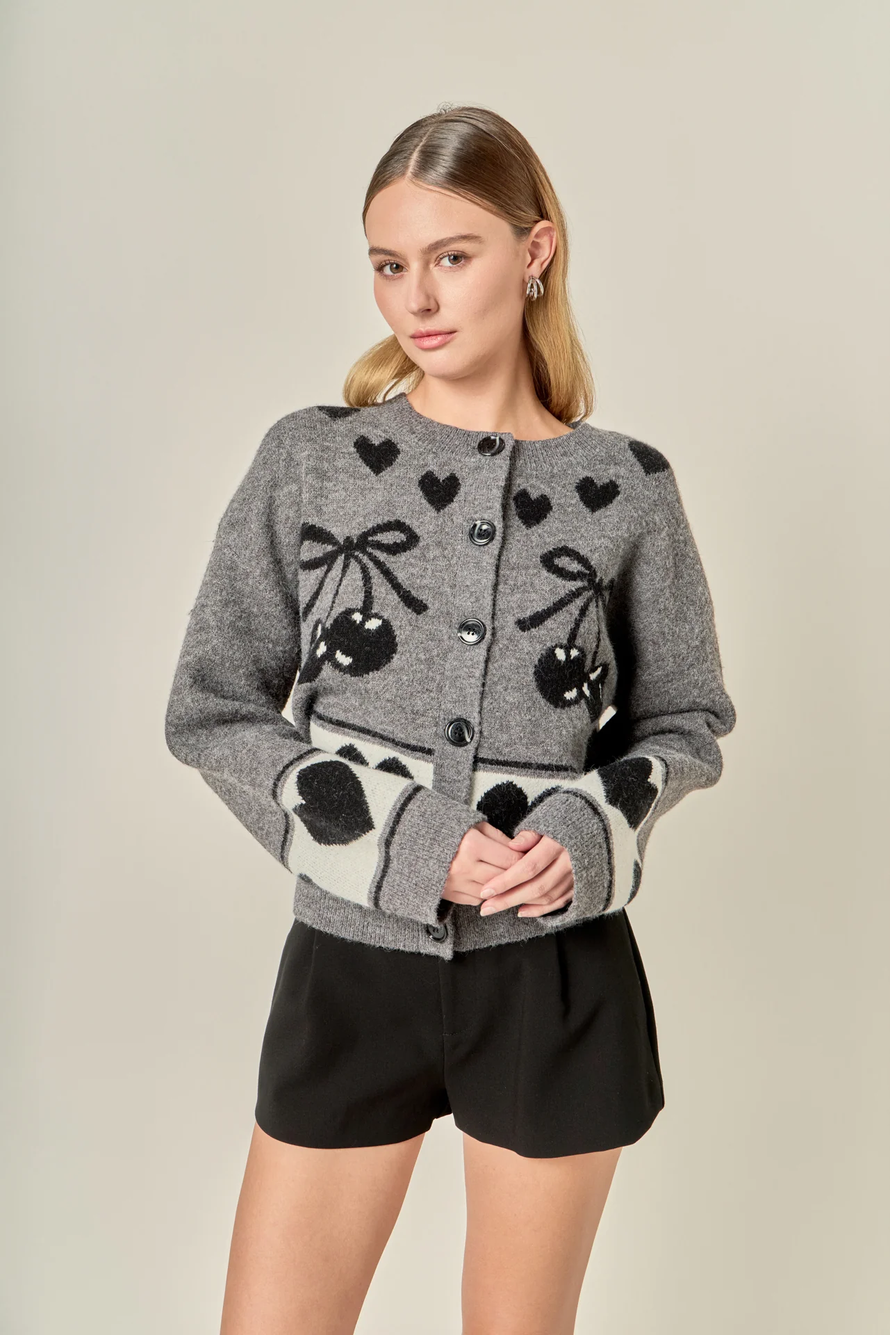 Knit Cardigan with Cherry Heart Pattern - Image 6