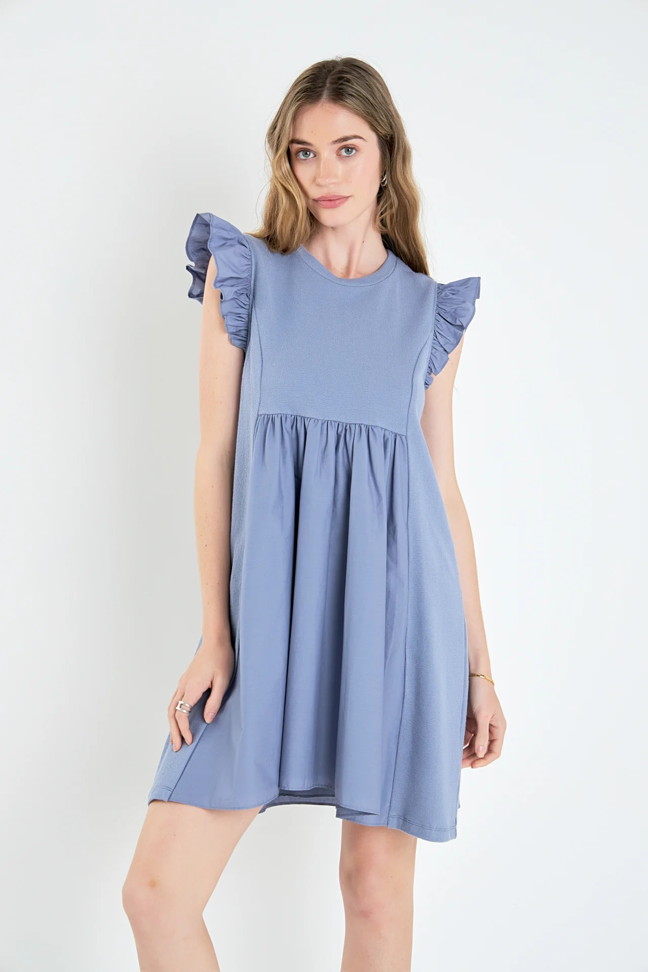 Mixed Media Ruffle Sleeve Mini Dress - Image 36
