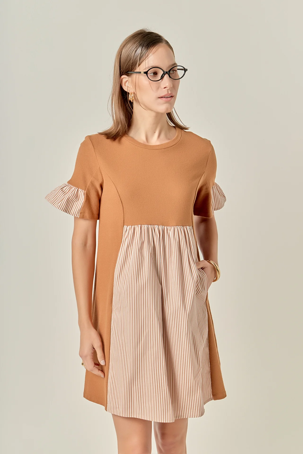 Knit Stripe Woven Mixed Dress - Image 10