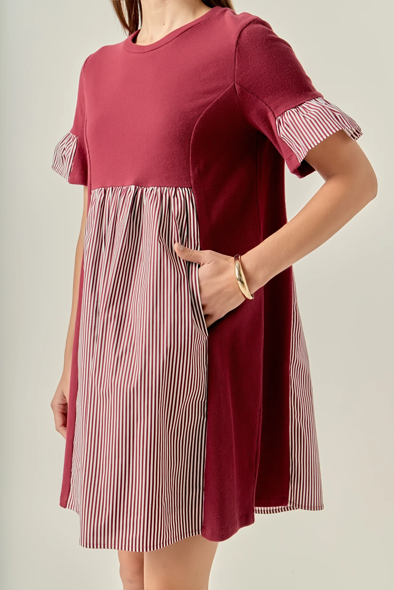 Knit Stripe Woven Mixed Dress - Image 2