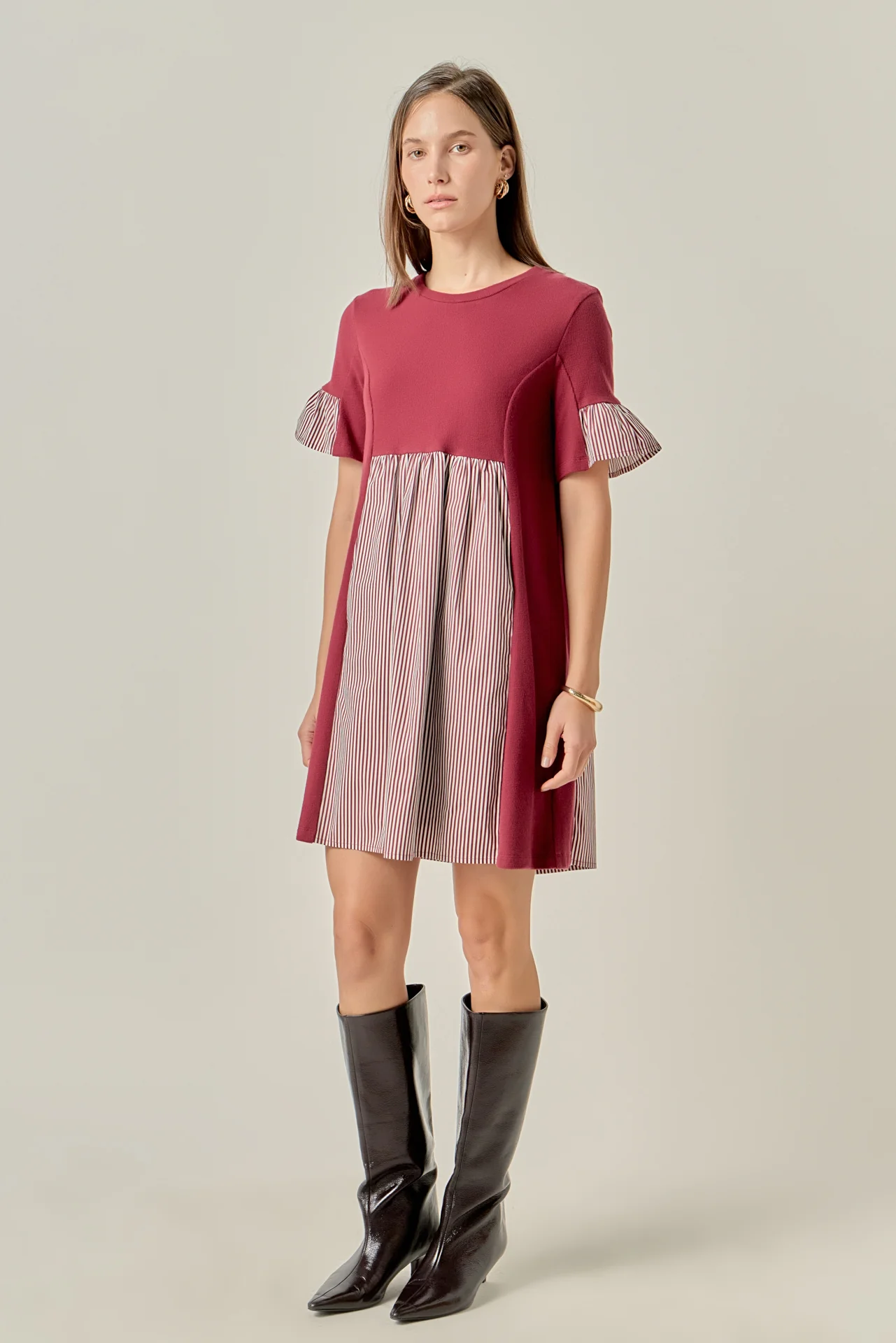 Knit Stripe Woven Mixed Dress - Image 3