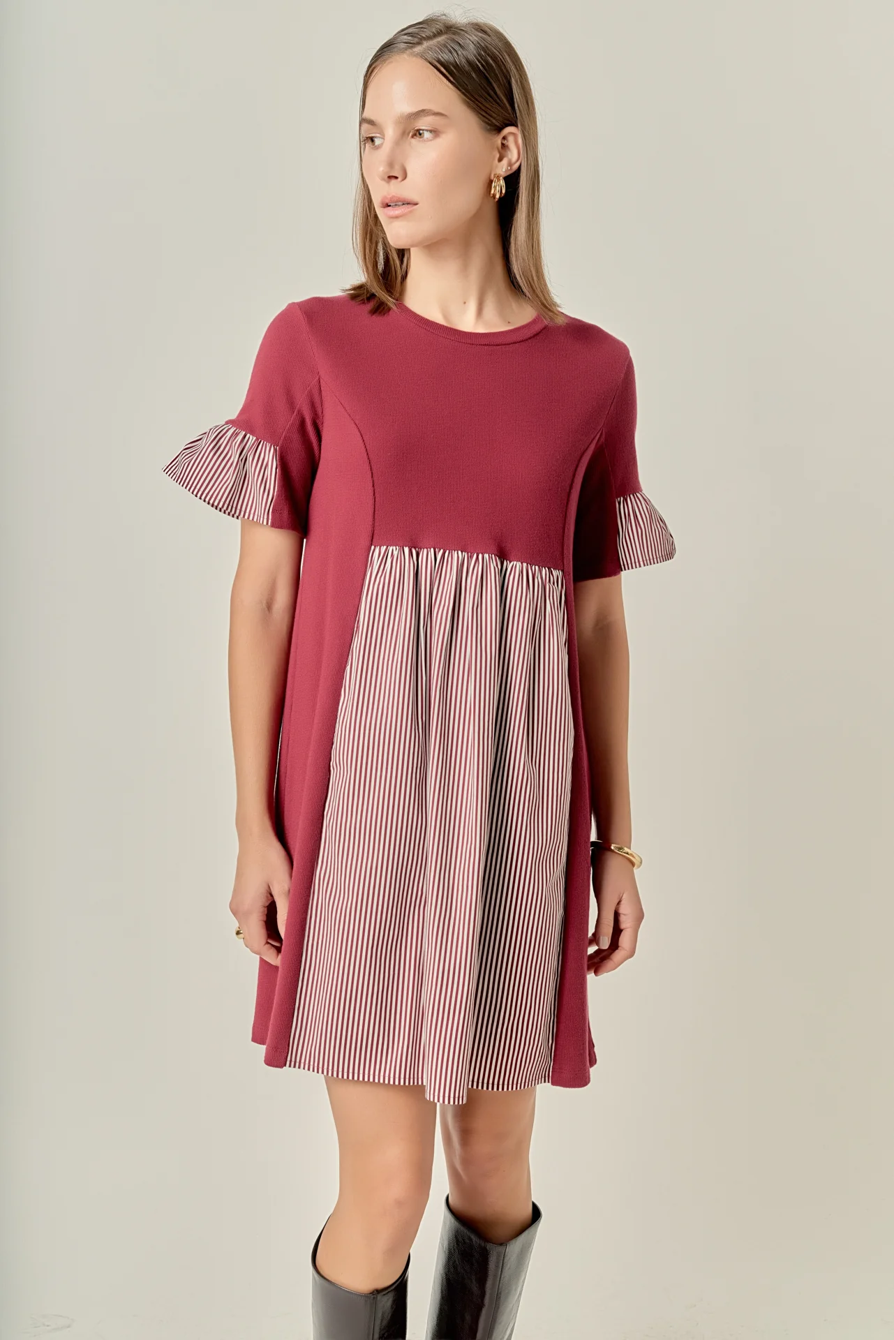 Knit Stripe Woven Mixed Dress - Image 5