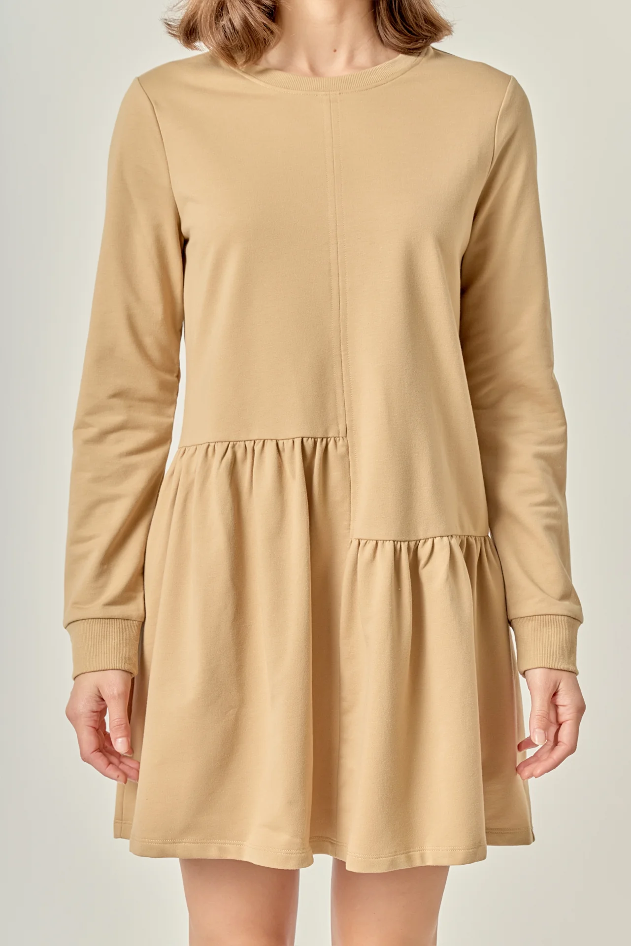 Knit Unbalanced Seam Dress - Tan - Image 2