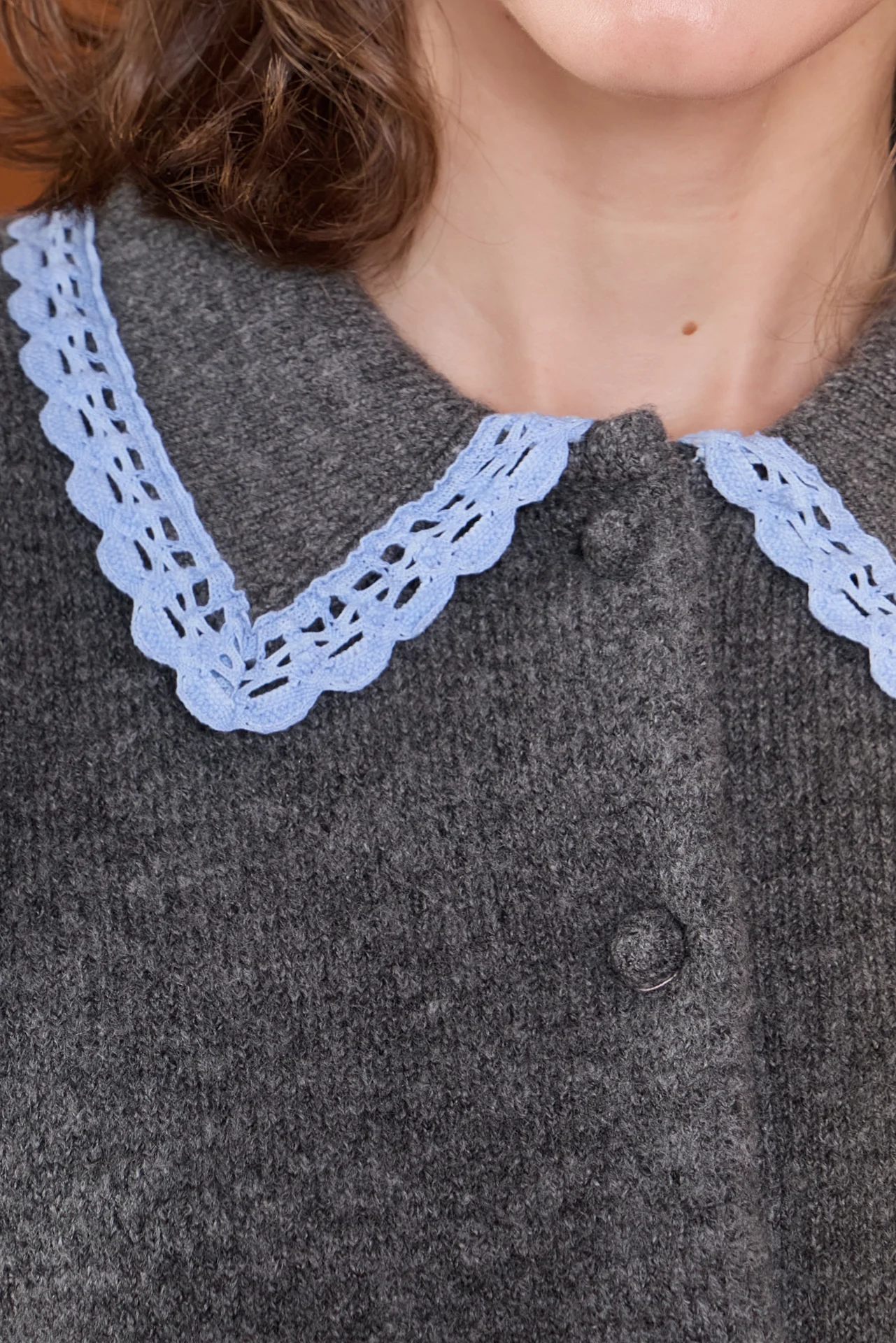 Lace Trimmed Puff Sleeve Knit Cardigan - Image 2