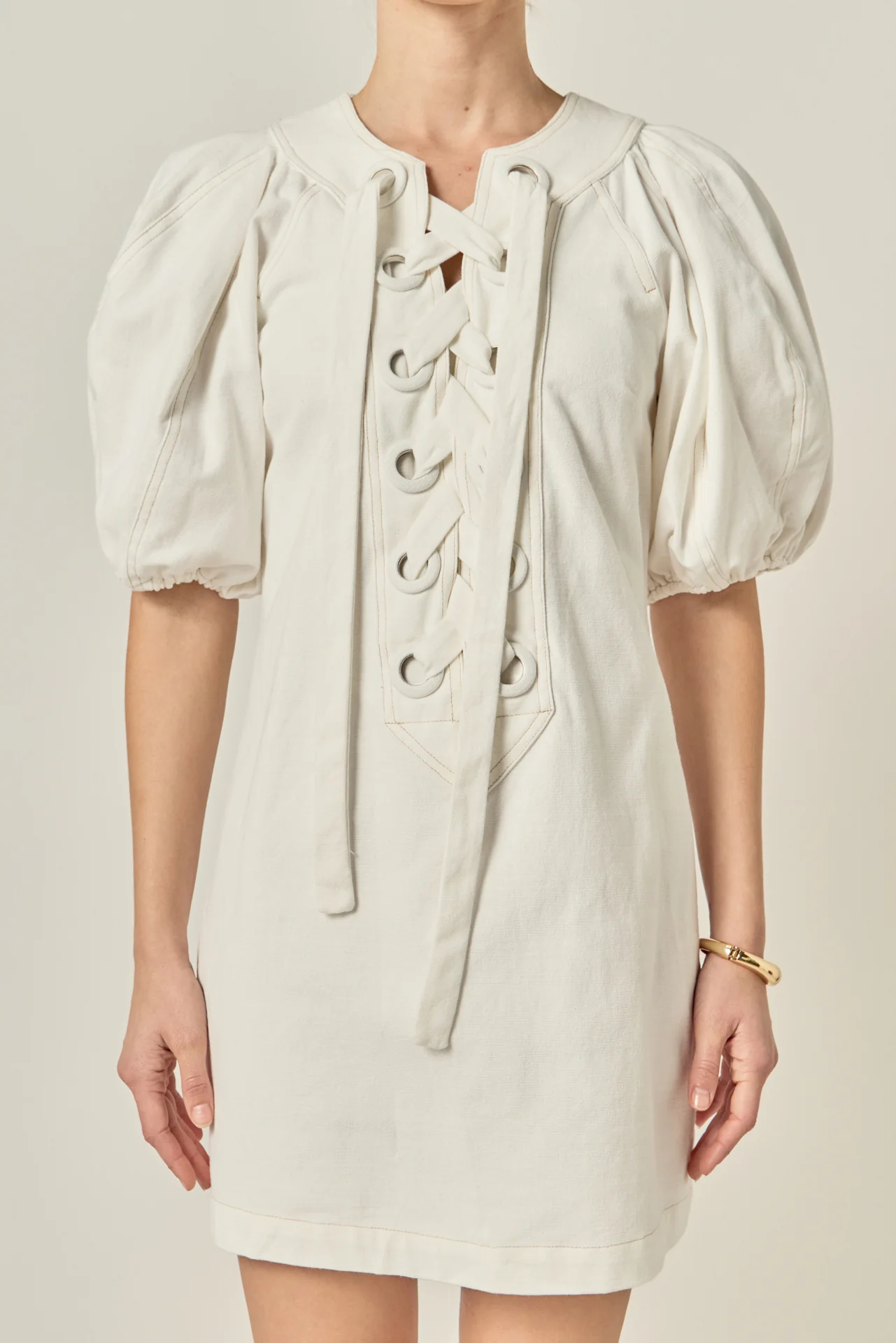 Laced Up Puffed Sleeve Mini Dress - Image 2
