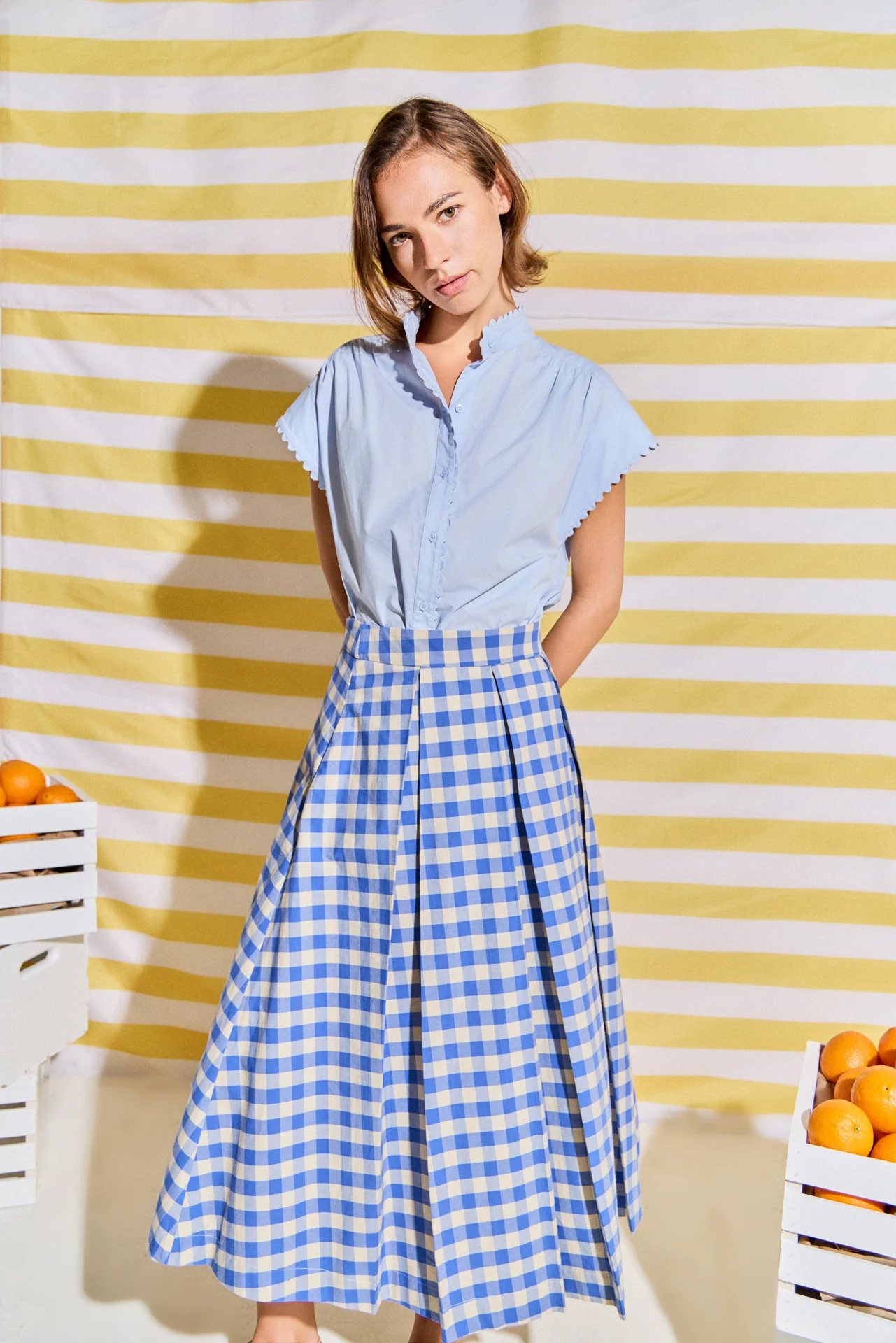 Linen Checked Pleated Midi Skirt - Image 5