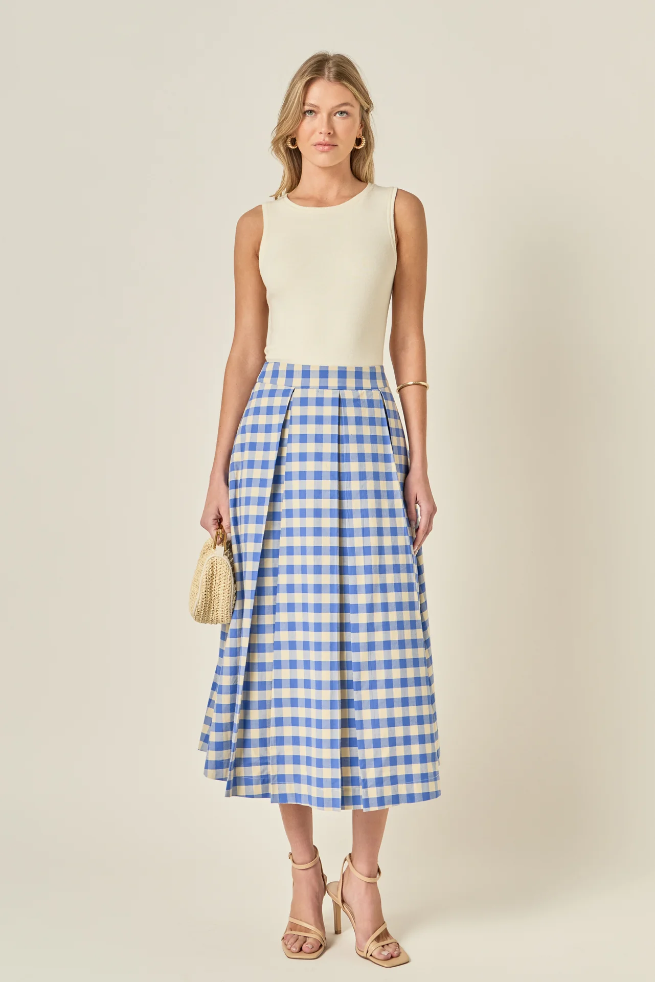 Linen Checked Pleated Midi Skirt - Image 6