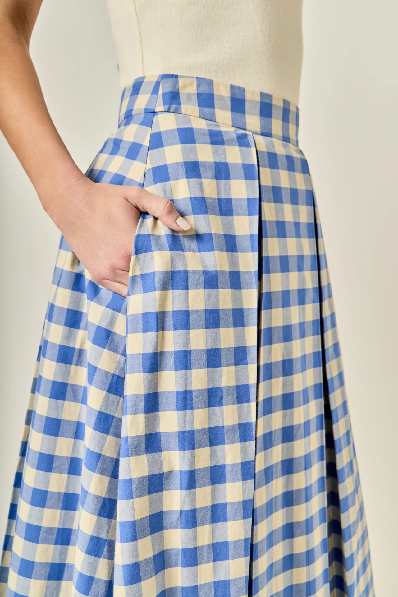 Linen Checked Pleated Midi Skirt - Image 7