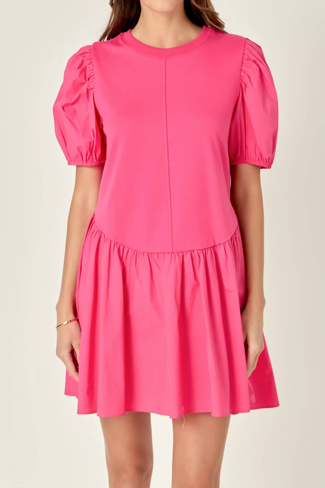 Puff Sleeve Mixed Media Mini Dress - Image 2