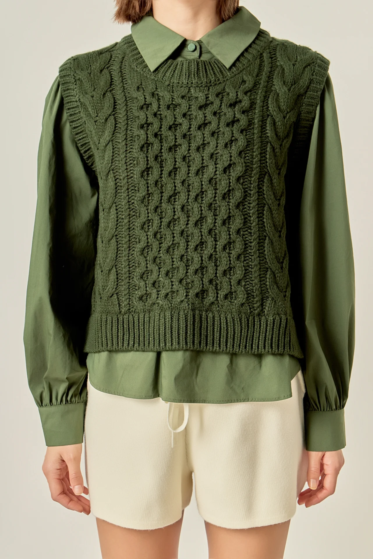 Mixed Media Cable Knit Shirt Top - Image 2
