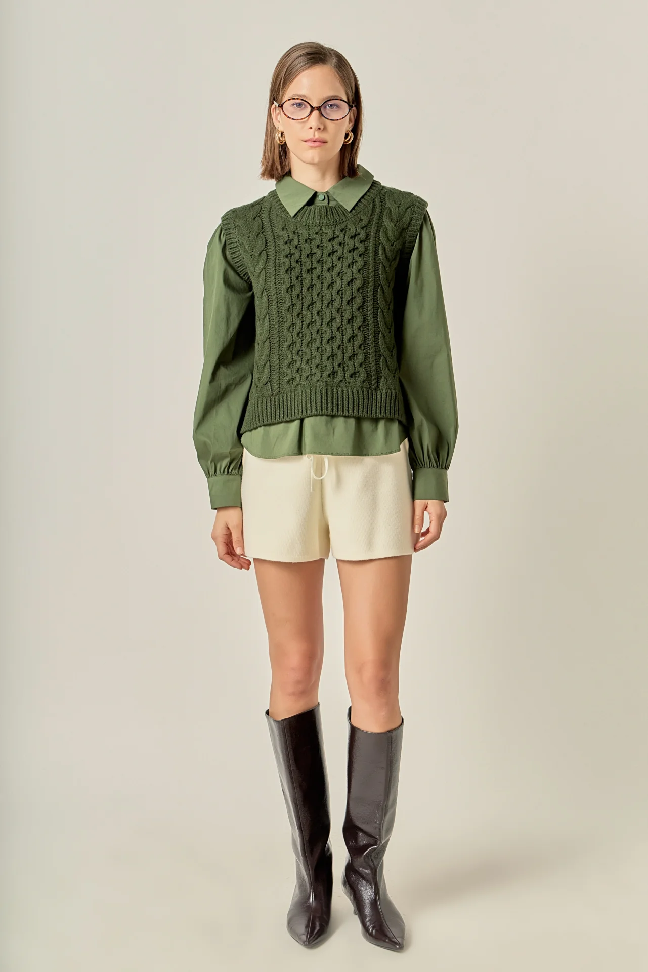 Mixed Media Cable Knit Shirt Top - Image 3