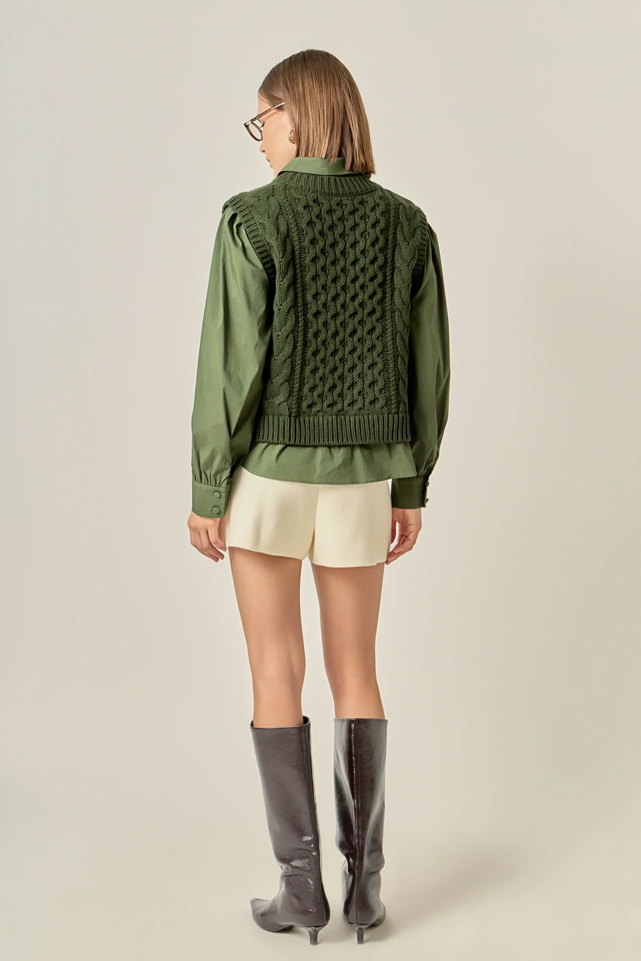 Mixed Media Cable Knit Shirt Top - Image 4
