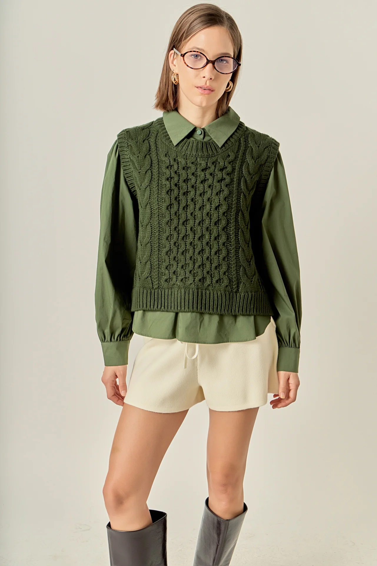 Mixed Media Cable Knit Shirt Top - Image 5