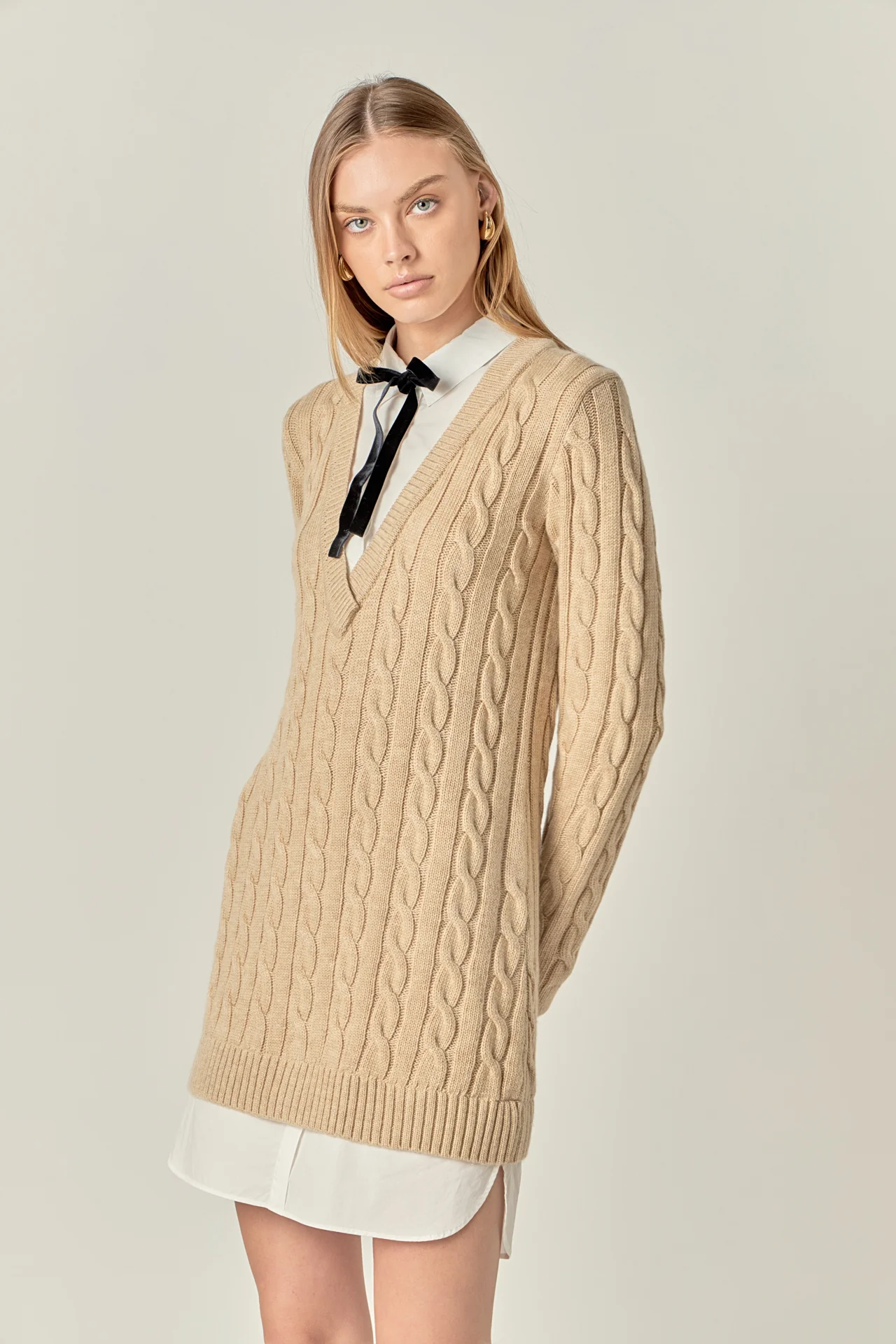 Mixed Media Cable Knit V-Neck Drop Sweater Dress - Image 10