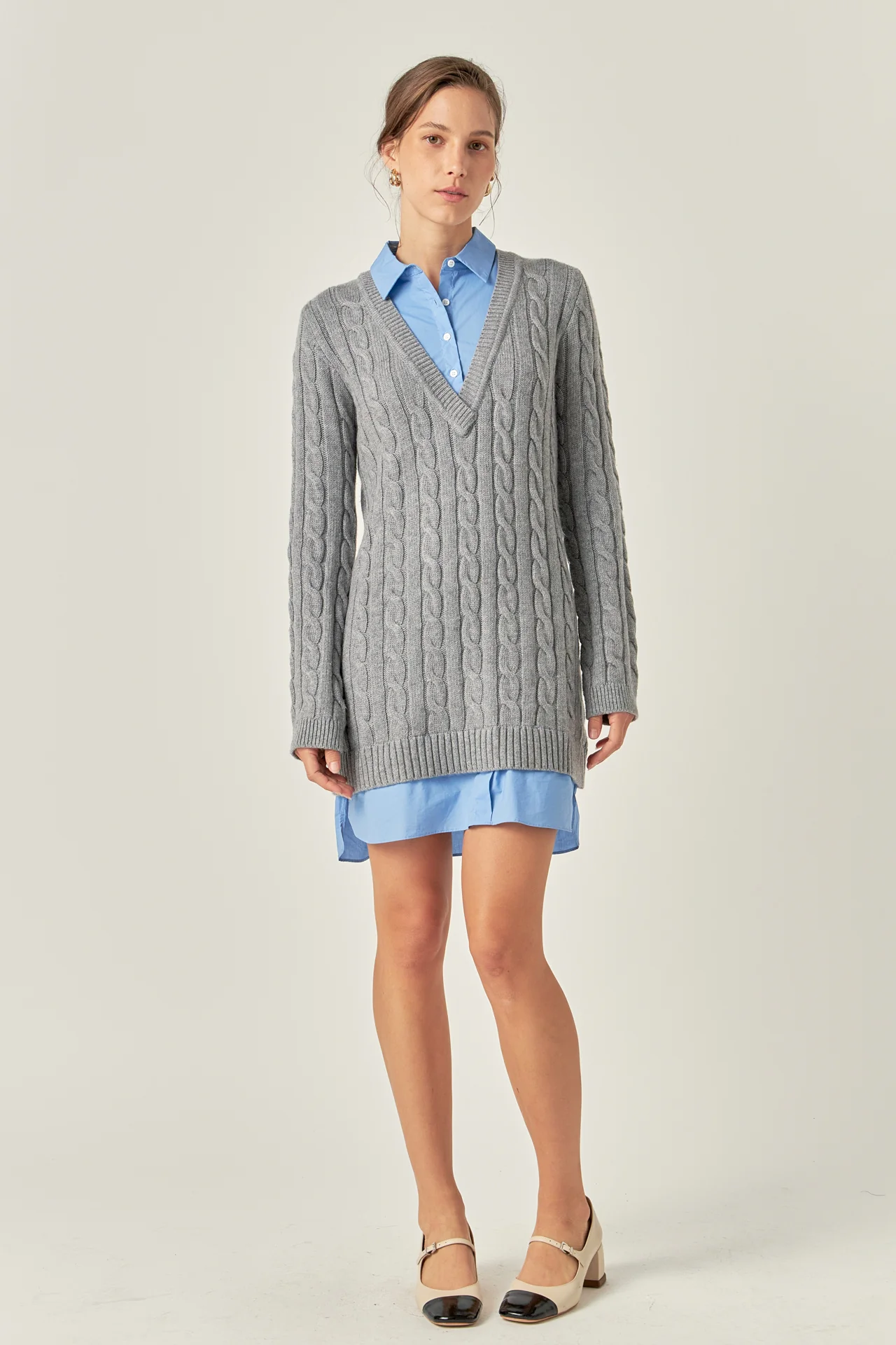 Mixed Media Cable Knit V-Neck Drop Sweater Dress - Image 11