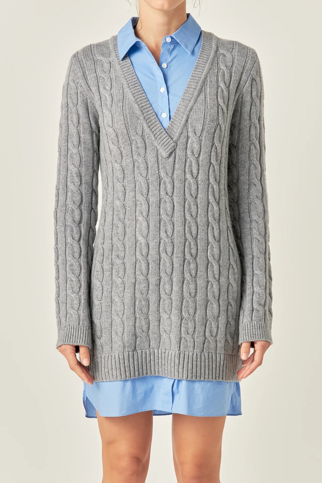 Mixed Media Cable Knit V-Neck Drop Sweater Dress - Image 12