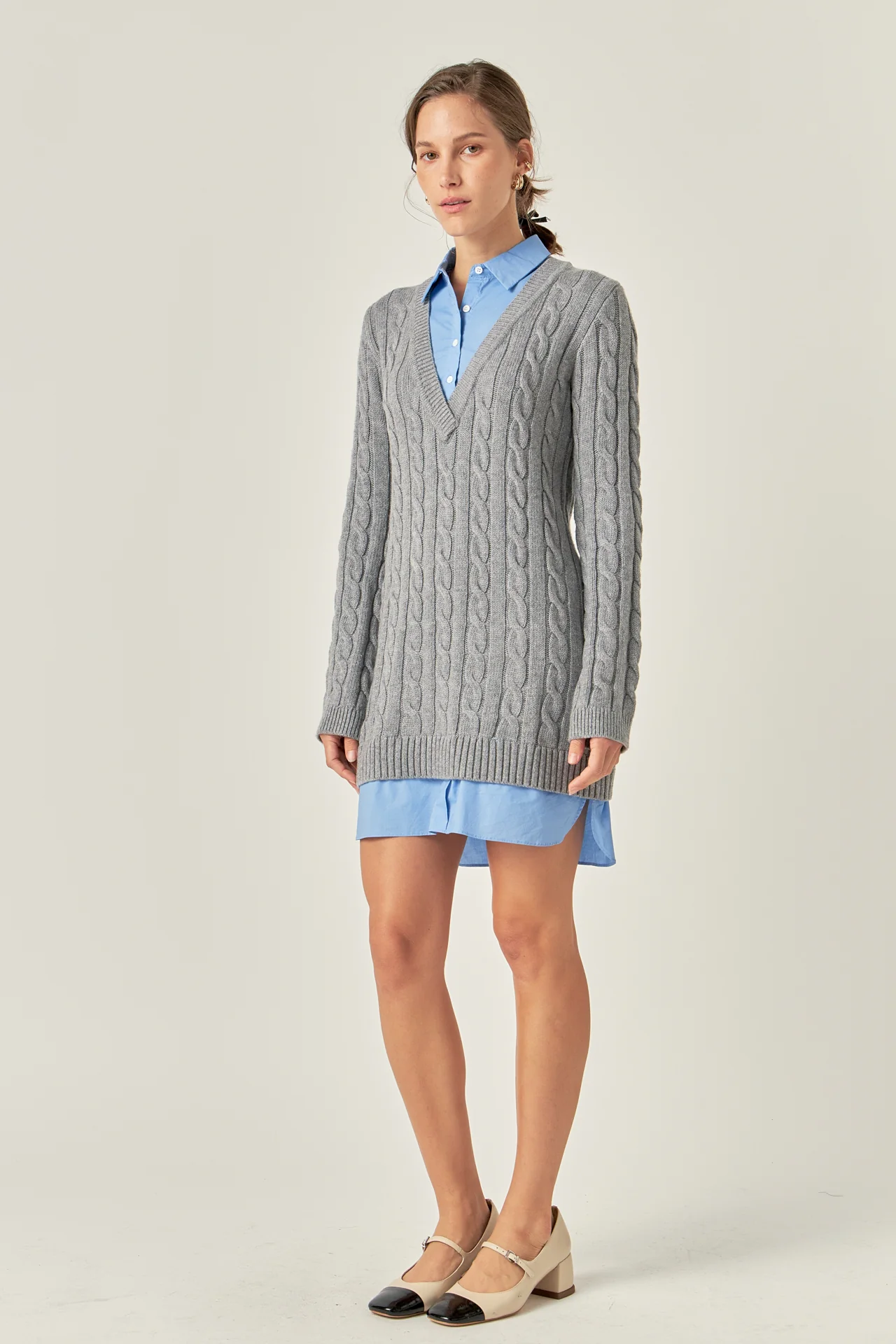 Mixed Media Cable Knit V-Neck Drop Sweater Dress - Image 13