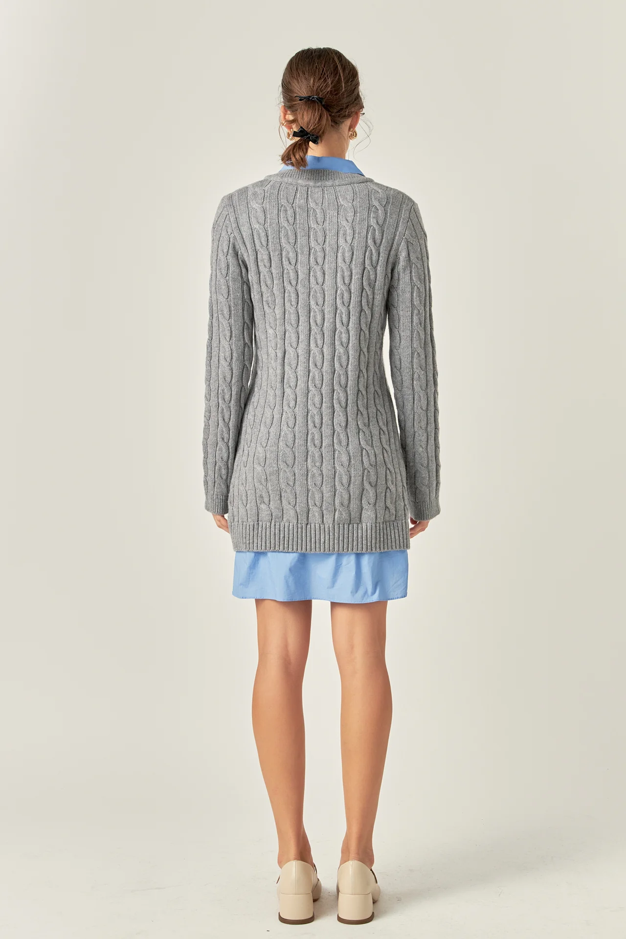 Mixed Media Cable Knit V-Neck Drop Sweater Dress - Image 14
