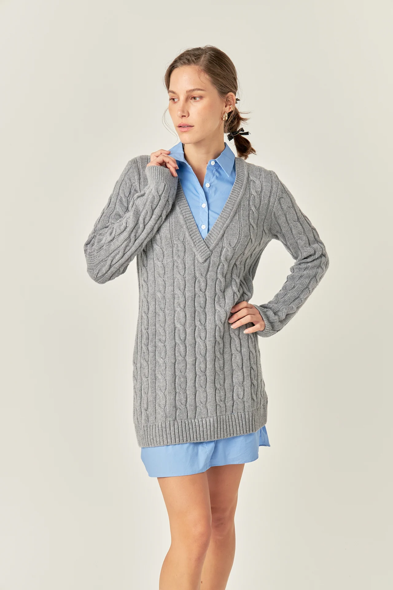 Mixed Media Cable Knit V-Neck Drop Sweater Dress - Image 15