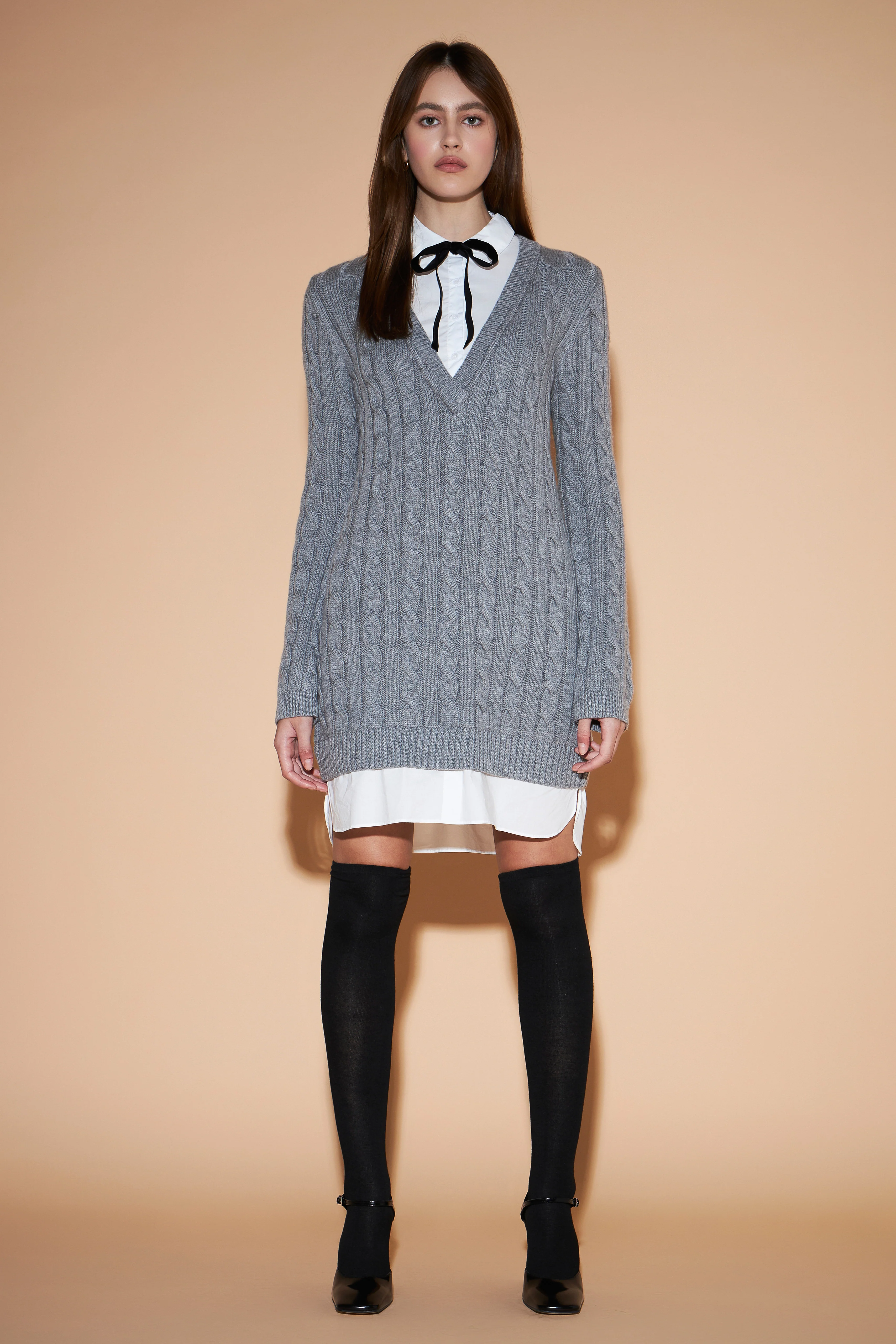 Mixed Media Cable Knit V-Neck Drop Sweater Dress - Image 16