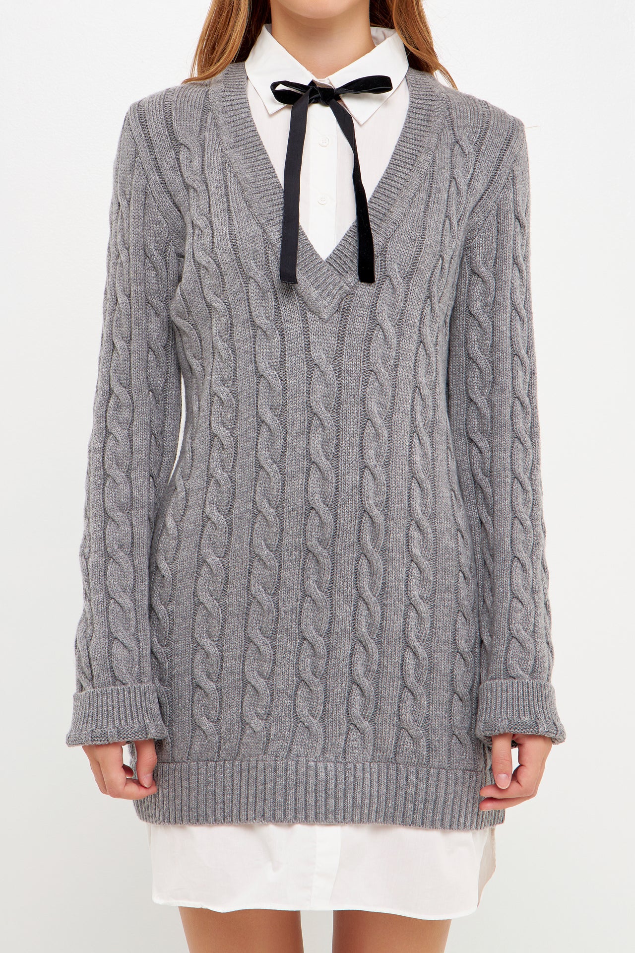 Mixed Media Cable Knit V-Neck Drop Sweater Dress - Image 17