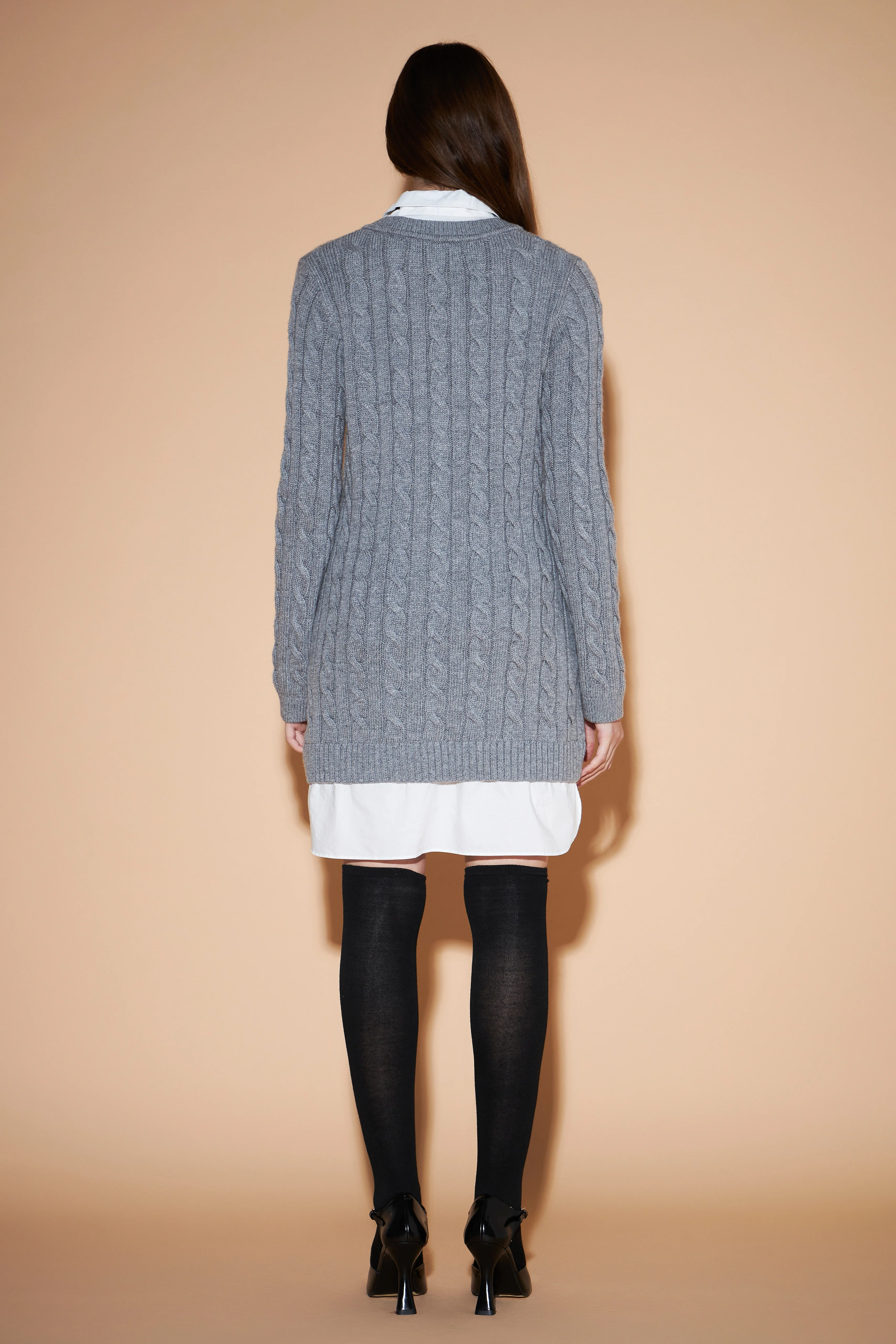 Mixed Media Cable Knit V-Neck Drop Sweater Dress - Image 19