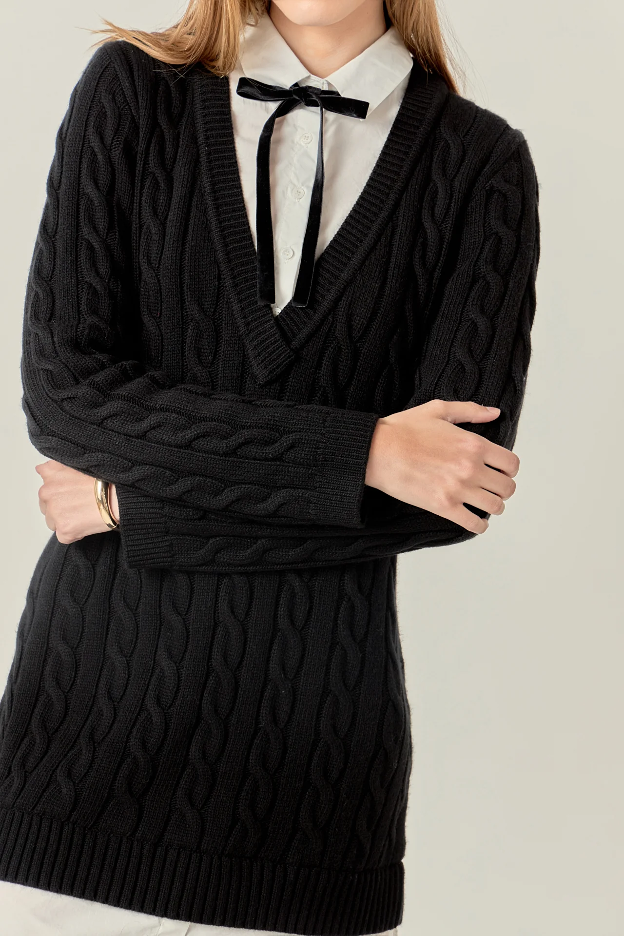 Mixed Media Cable Knit V-Neck Drop Sweater Dress - Image 2
