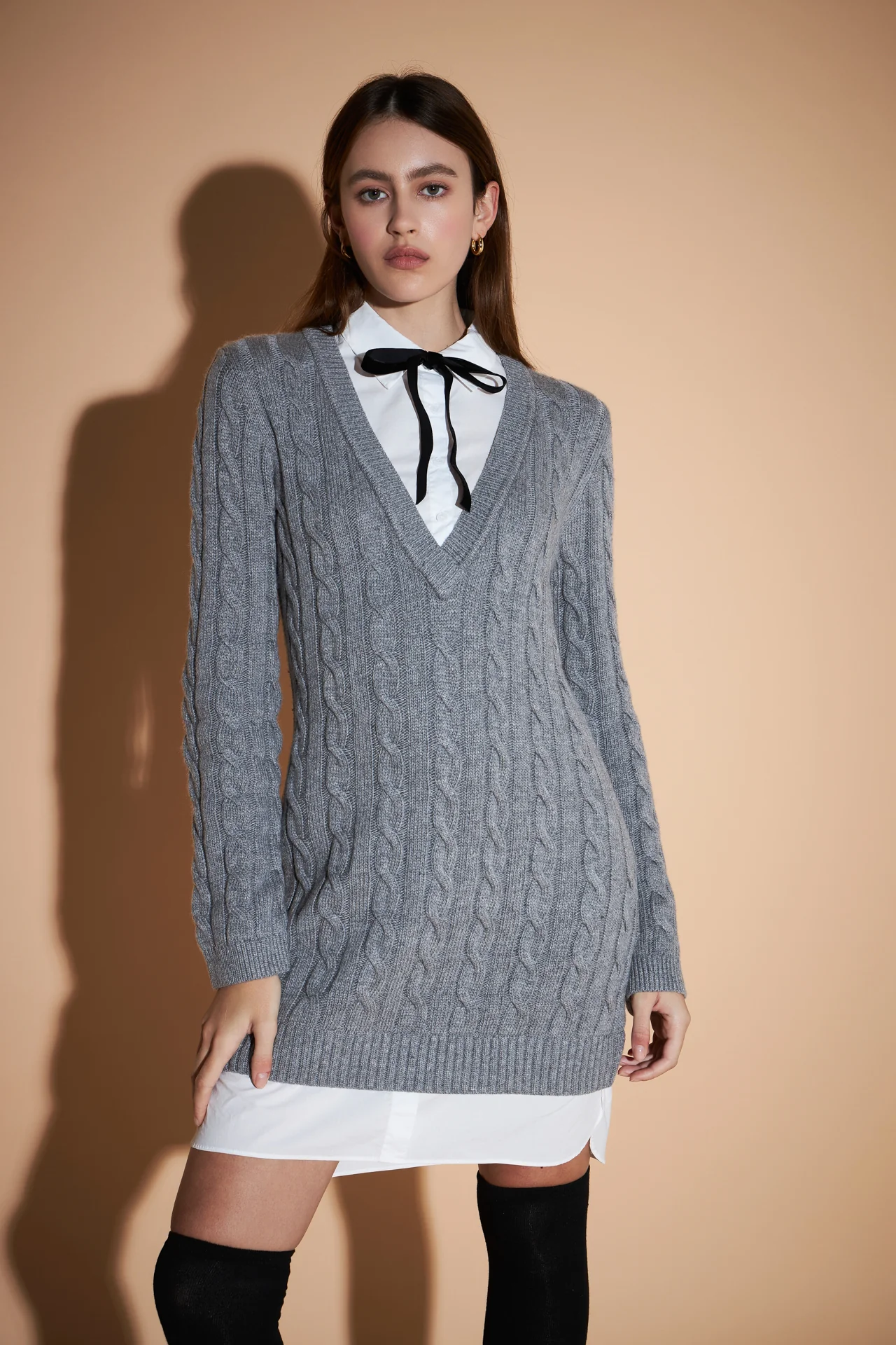 Mixed Media Cable Knit V-Neck Drop Sweater Dress - Image 20