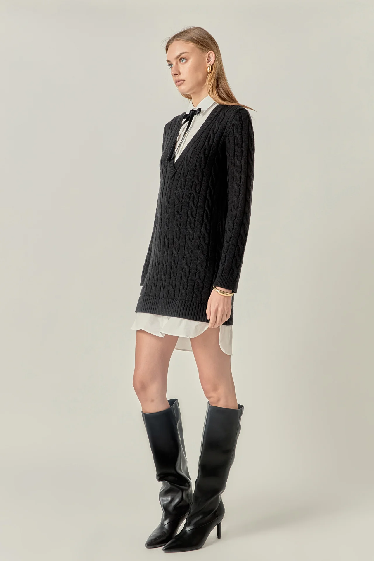 Mixed Media Cable Knit V-Neck Drop Sweater Dress - Image 3