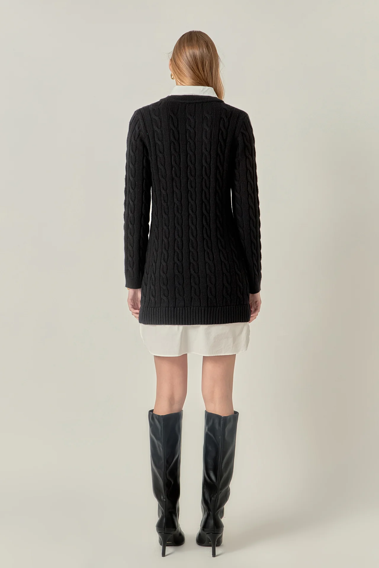 Mixed Media Cable Knit V-Neck Drop Sweater Dress - Image 4