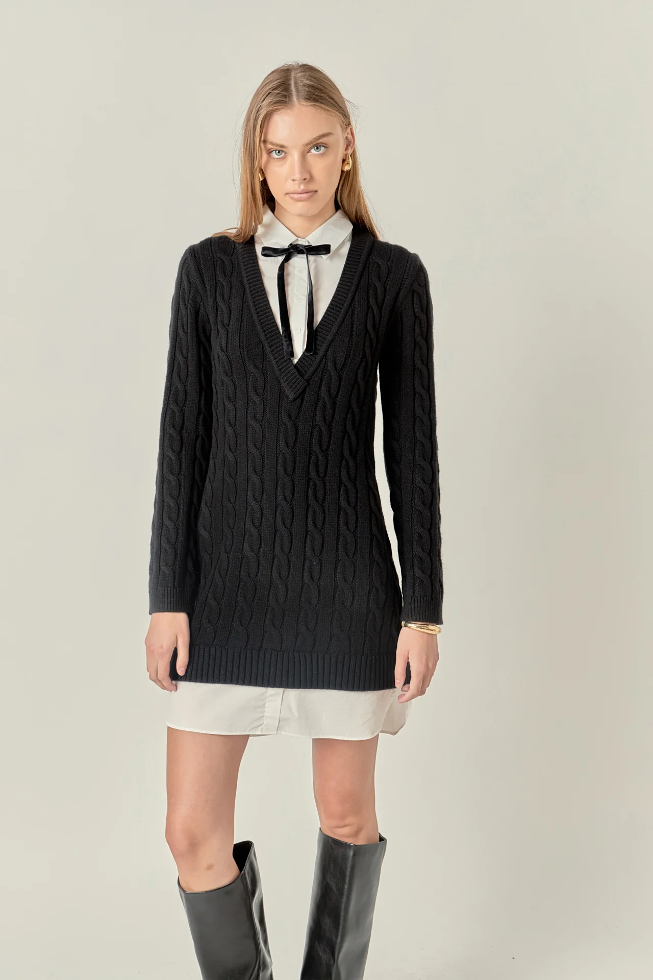 Mixed Media Cable Knit V-Neck Drop Sweater Dress - Image 5