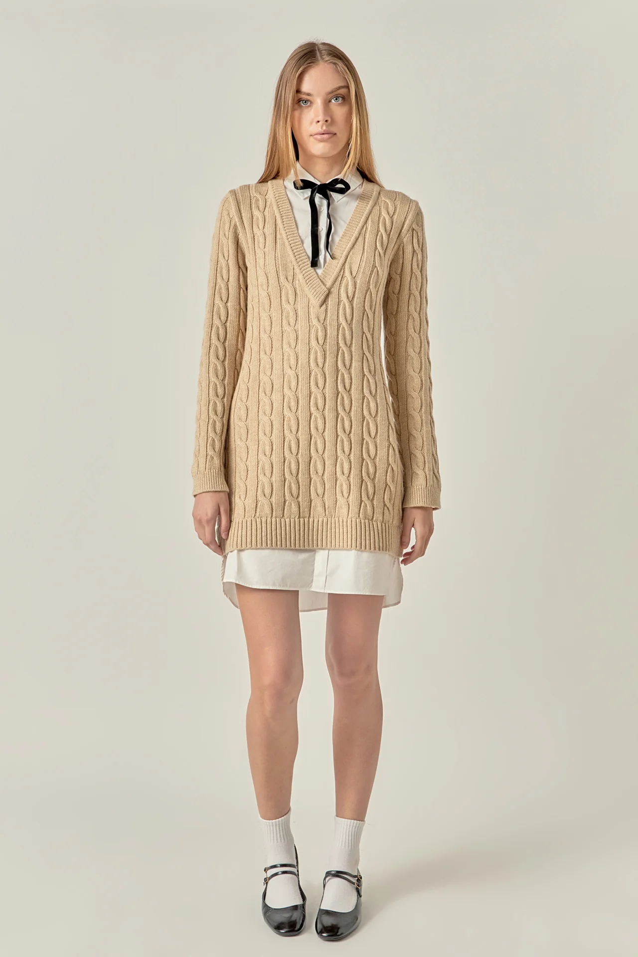 Mixed Media Cable Knit V-Neck Drop Sweater Dress - Image 6