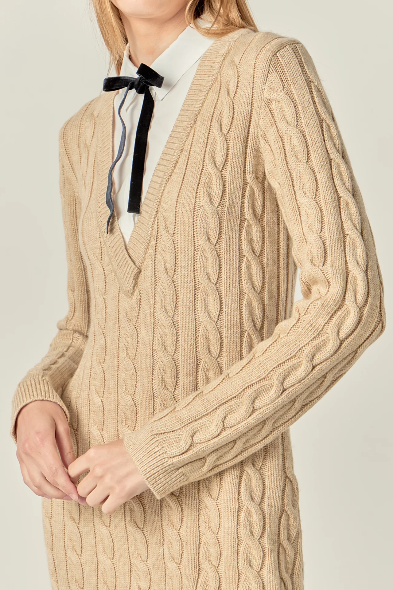 Mixed Media Cable Knit V-Neck Drop Sweater Dress - Image 7