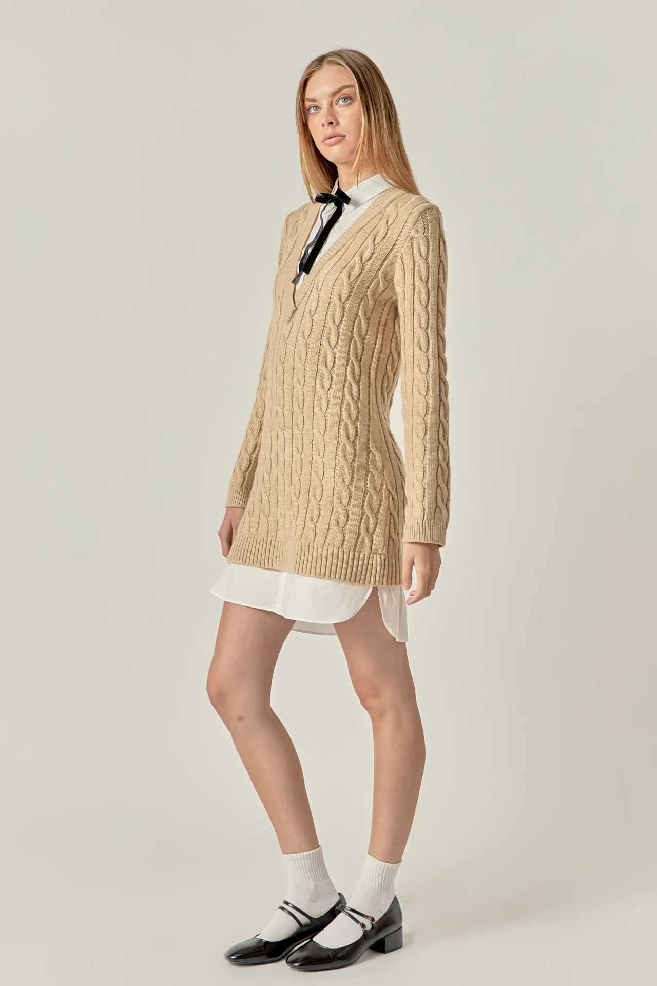 Mixed Media Cable Knit V-Neck Drop Sweater Dress - Image 8